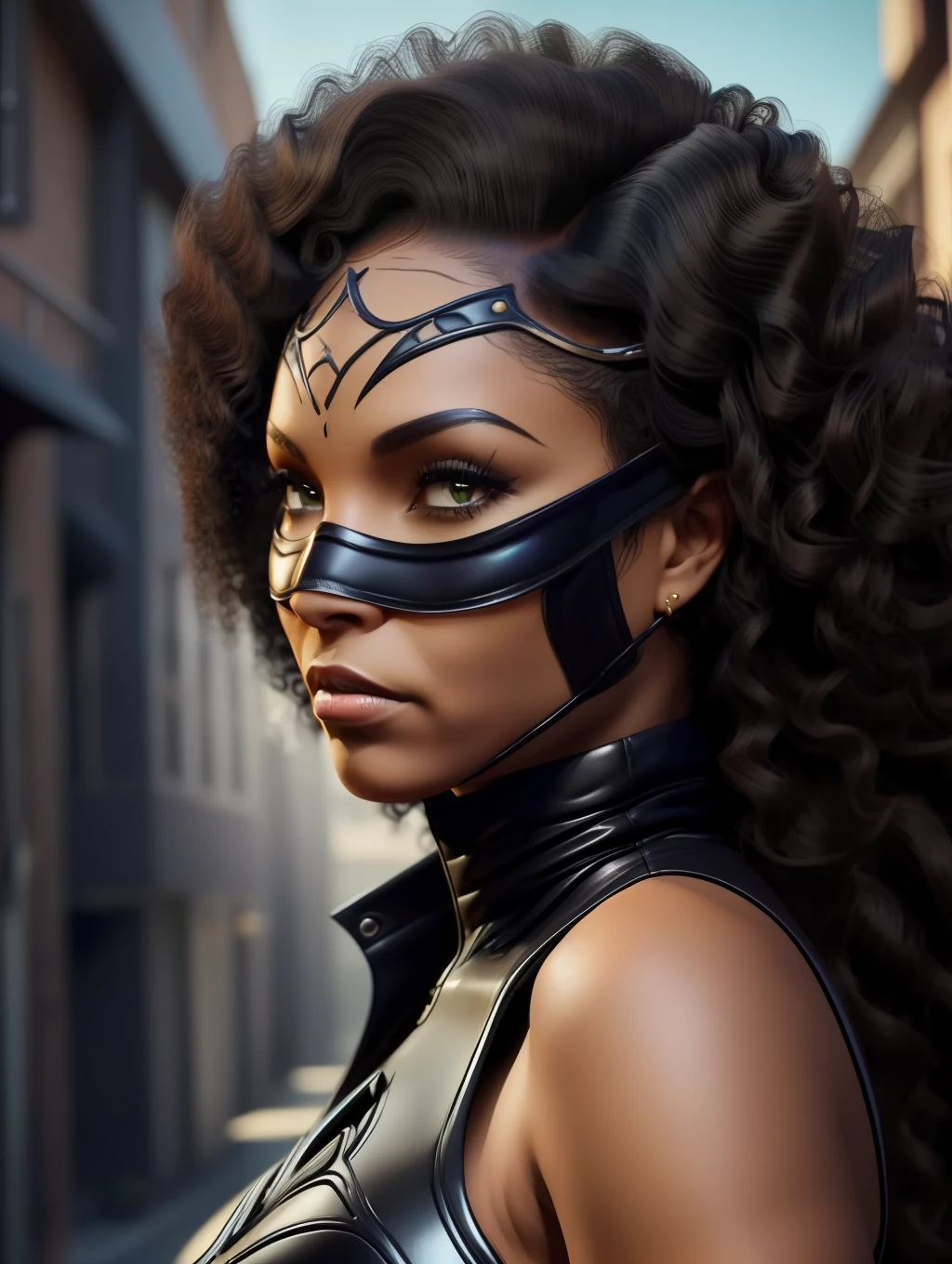 1 Afro-American beautiful woman, (catwoman, vintage catwoman suit, superhero), (insanely beautiful Afro-American woman, catwoman mask, long windy hair, expressive eyes:1.5), solo, looking at viewer, detailed costume, vintage catwoman leather costume, covered, makeup, big city alley, dynamic action poses, top angle shot, masterpiece, (best quality:1.2), ultra-detailed, realistic, High definition, High quality, Cinematic Light, Ray tracing, ultra high res, UHD, 8K, (photorealistic:1.5), intricate details, detailed texture, finely detailed, High quality shadow