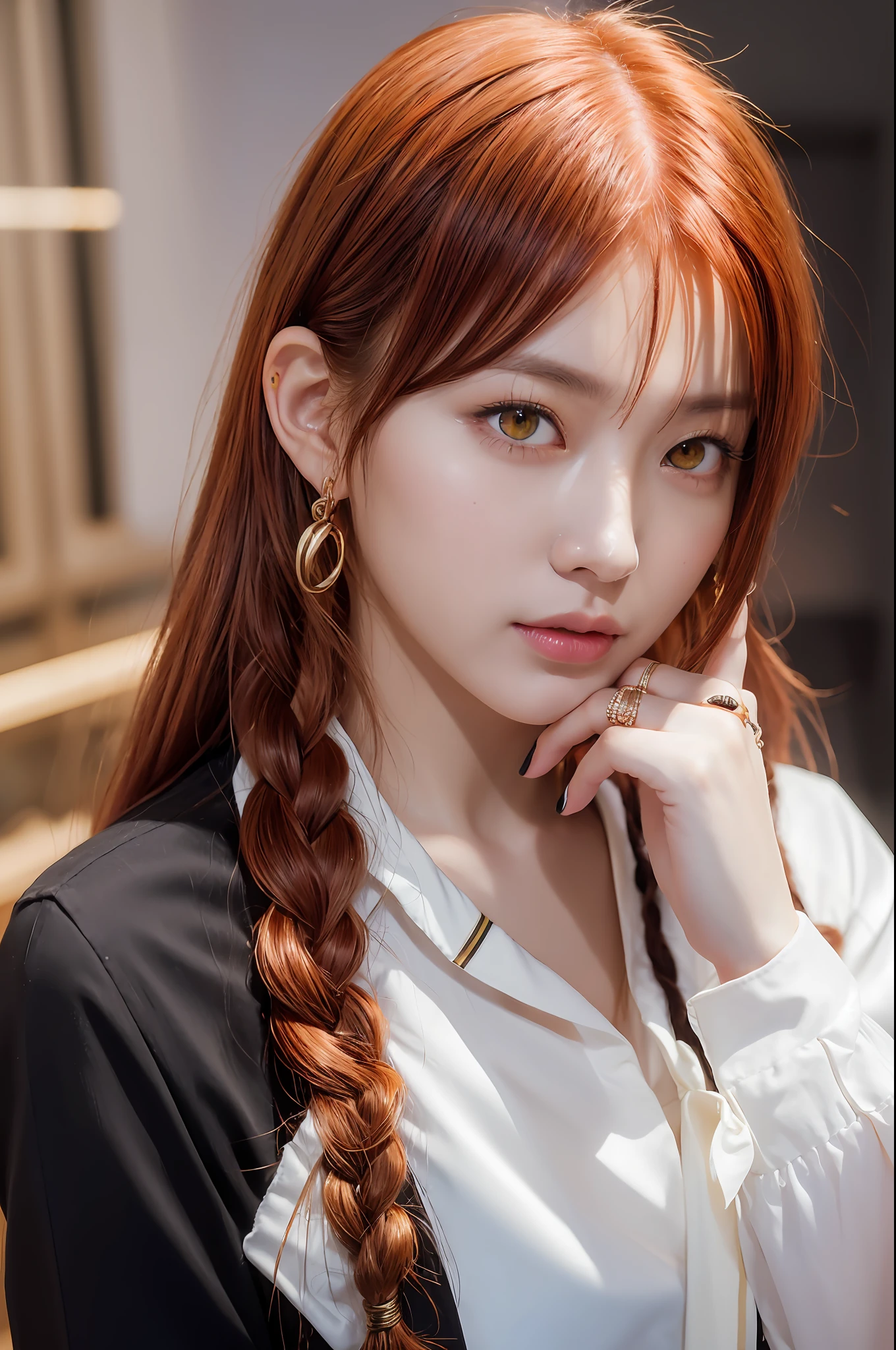 Masterpiece, (Photorealistic: 1.4), Top Quality, Beautiful Lighting, (ulzzang-6500:0.5), Makima \(Chainsaw Man\), (Red Hair) + (Long Braided Hair) + (Bangs), Yellow Eyes, Golden Eyes, (((Ring Eyes)), (White Shirt), (Black Tie), RAW Photography, 8k UHD, Film Grain, Gradient Lighting
