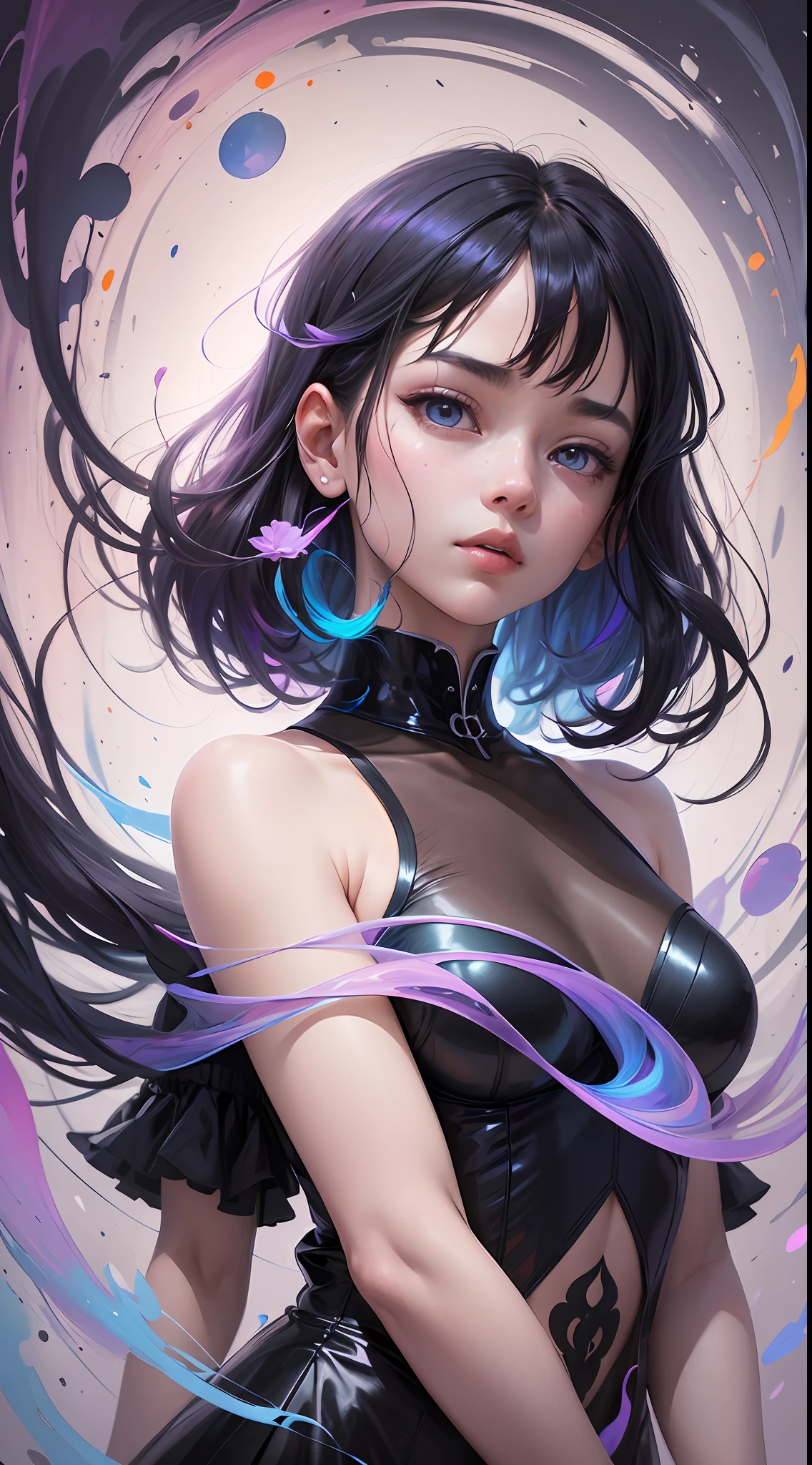 _james Jean, Floating Ribbon Feminine Figure, Smoke, In the Sky, Colorful and Vibrant, Mysterious Colors, Contemporary Impressionism, Yanjun Cheng Portrait, Iridescent Painting, 3/4 Perspective, Cute Face, Low Angle, Sweeping Spiral Composition, Beautiful Crystal Big Eyes, Big Black Iris, Black Hair, UHD, HDR, 8K, (Masterpiece: 1. 5), (the most beautiful portrait in the world: 1.5) --auto --s2