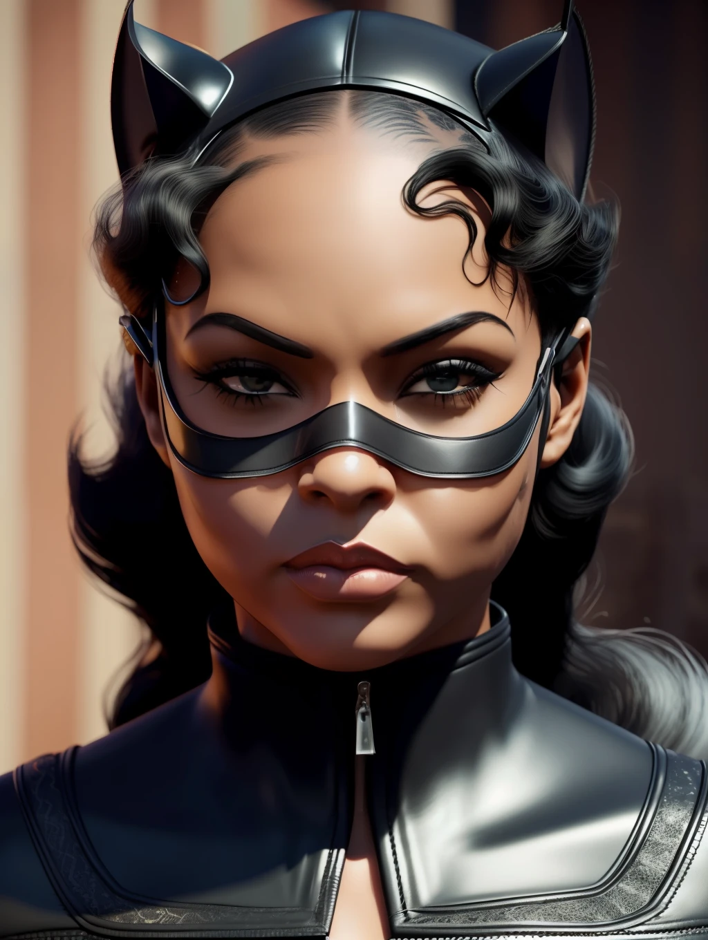 1 Afro-American beautiful woman, (catwoman, vintage catwoman suit, superhero), (insanely beautiful Afro-American woman, catwoman mask, long windy hair, expressive eyes:1.5), solo, looking at viewer, detailed costume, vintage catwoman leather costume, covered, makeup, big city alley, dynamic action poses, top angle shot, masterpiece, (best quality:1.2), ultra-detailed, realistic, High definition, High quality, Cinematic Light, Ray tracing, ultra high res, UHD, 8K, (photorealistic:1.5), intricate details, detailed texture, finely detailed, High quality shadow