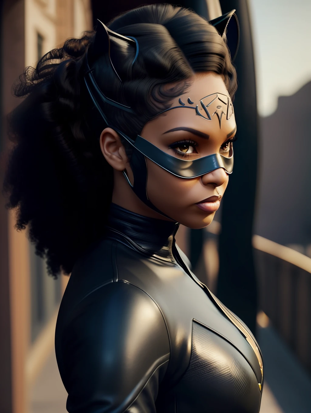 1 Afro-American beautiful woman, (catwoman, vintage catwoman suit, superhero), (insanely beautiful Afro-American woman, catwoman mask, long windy hair, expressive eyes:1.5), solo, looking at viewer, detailed costume, vintage catwoman leather costume, covered, makeup, big city alley, dynamic action poses, top angle shot, masterpiece, (best quality:1.2), ultra-detailed, realistic, High definition, High quality, Cinematic Light, Ray tracing, ultra high res, UHD, 8K, (photorealistic:1.5), intricate details, detailed texture, finely detailed, High quality shadow