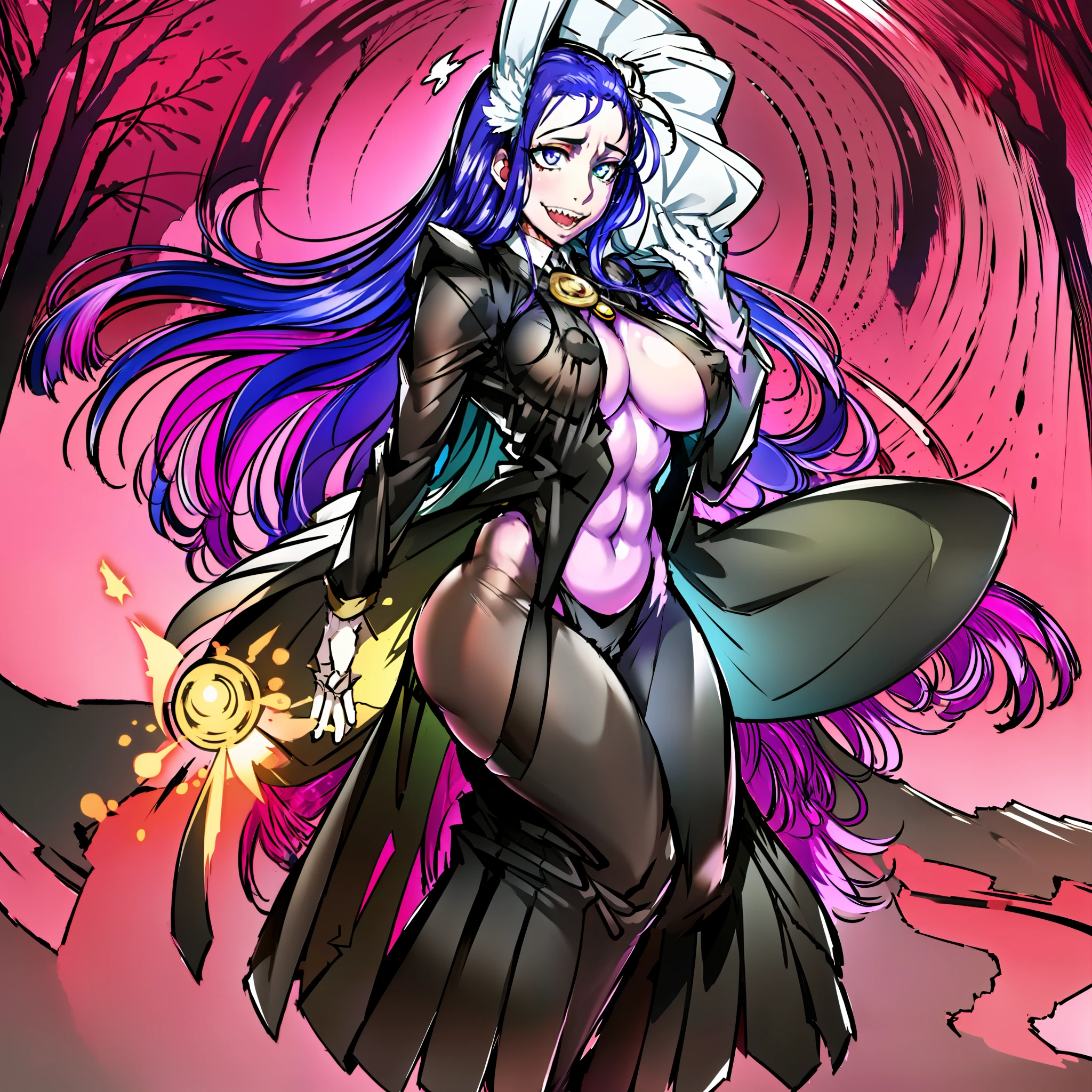 annangle,huge chest, curved, female,fantasyhere is a cartoon picture of a woman with a very large chest, , vest, pants, black hair, sacred aura, inspired by Luma Red, the non-binary deity of spring, ethereal rainbow nimbus, the butterfly goddess of fire, inspired by Marie Angel, will have shining around her, like the sun goddess, "uwu the prismatic person, big breast, happy, beautiful eyes, , full body, walking, long dress, long dre, nun, priestess, saint, body of venus, bent, huge chest, forest, walking, smile, sharp teeth, black coats, coat, jacket, maid, butler, pantyhose, jacket, shirt, black cloths, body suit, maid,,pants,long skirt, black body suit, coat