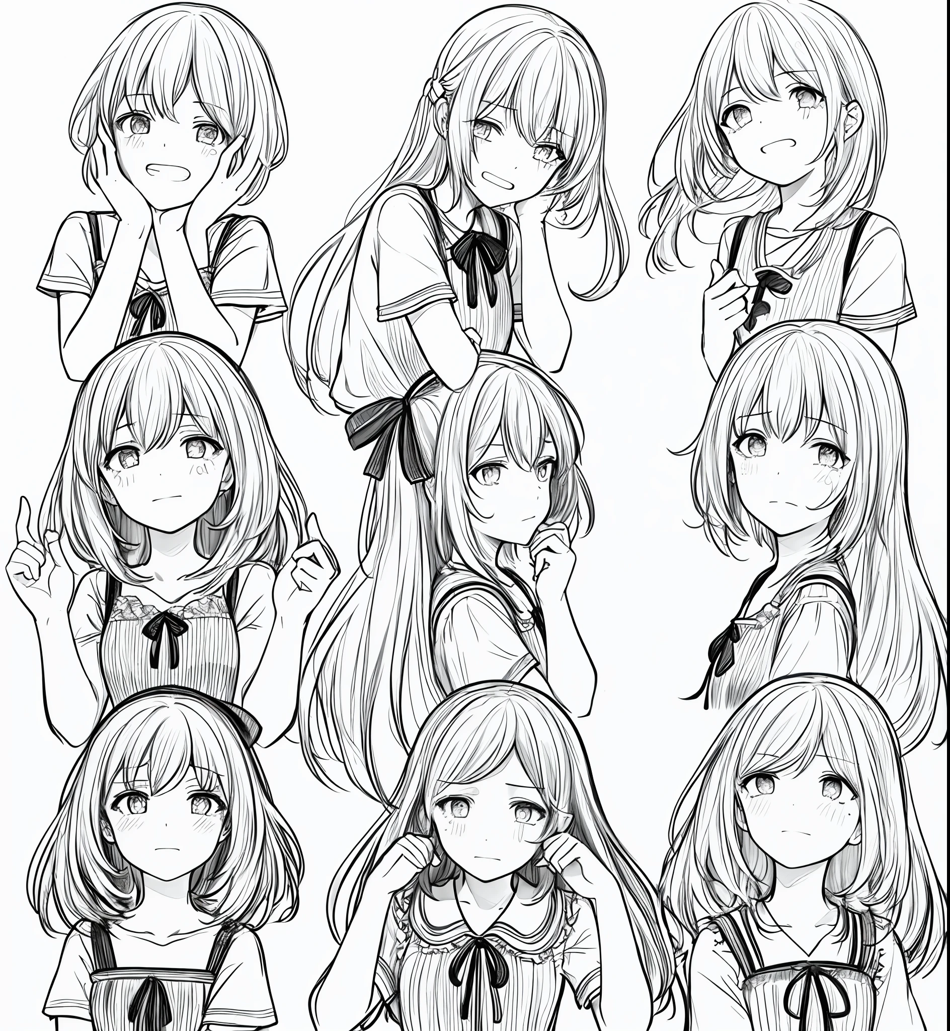 A girl stands there alone with tears on her face and a sad expression, masterpiece, super, 1girl, solo, daywear, bow hair, simple background, white background, monochrome, line drawing, (sketch))