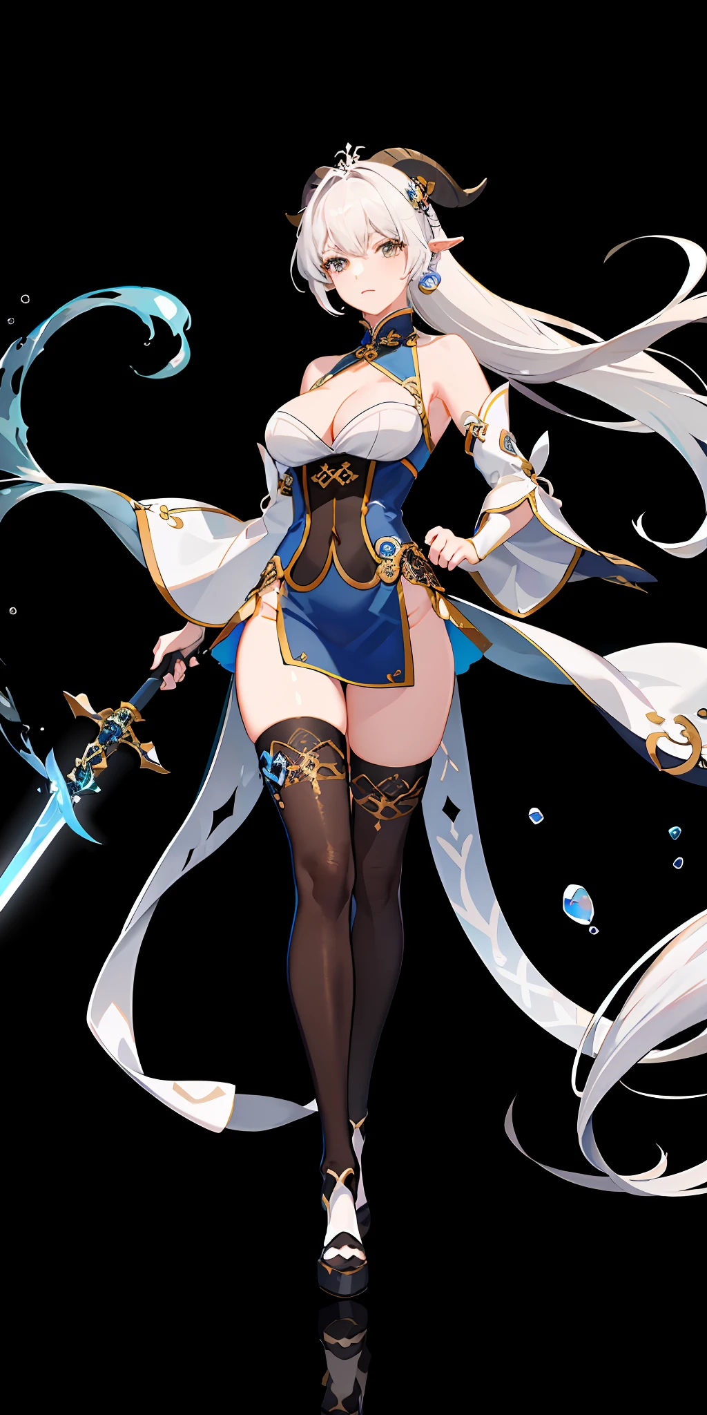(top quality, masterpiece, white background), (detailed face 1.4), one woman, (Genshin 1.4) white hair, Chinese style costume, black eyes, (sheep horn 1.4), older sister, (bangs tail 1.4), expressionless, apothecary, dark blue clothes, (one-handed sword 1.1), (big breasts 1.4), cleavage, tights, (long bangs 1.1), shoulders, water, light blue jewelry