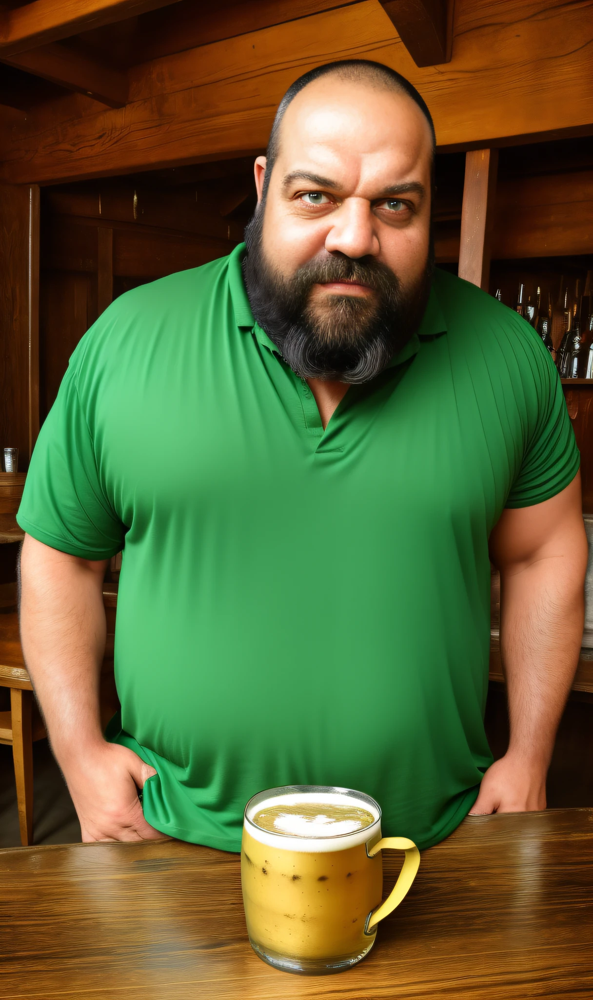 masterpiece, real photograph by cris123, A big, strong man with a shaved head, green eyes and who is sitting at a rustic bar table with a wooden mug with beer.