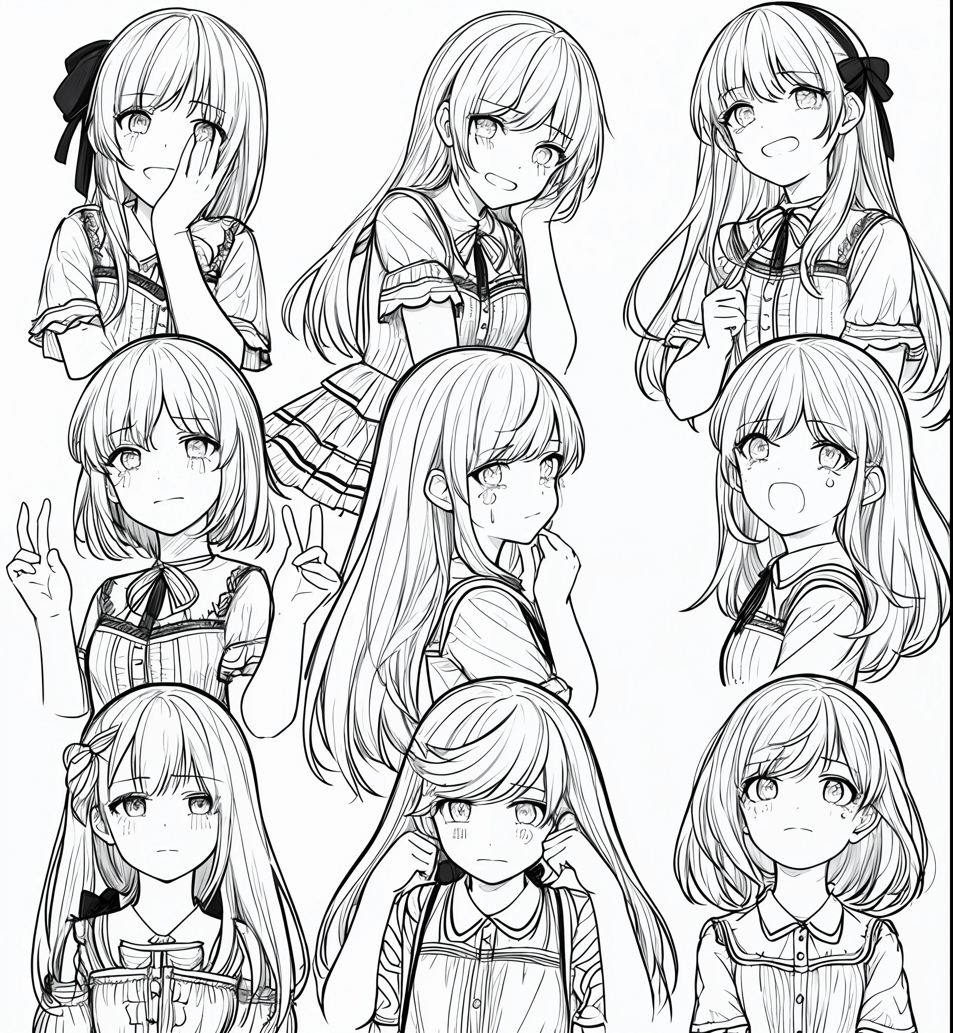 A girl stands there alone with tears on her face and a sad expression, masterpiece, super, 1girl, solo, daywear, bow hair, simple background, white background, monochrome, line drawing, (sketch))
