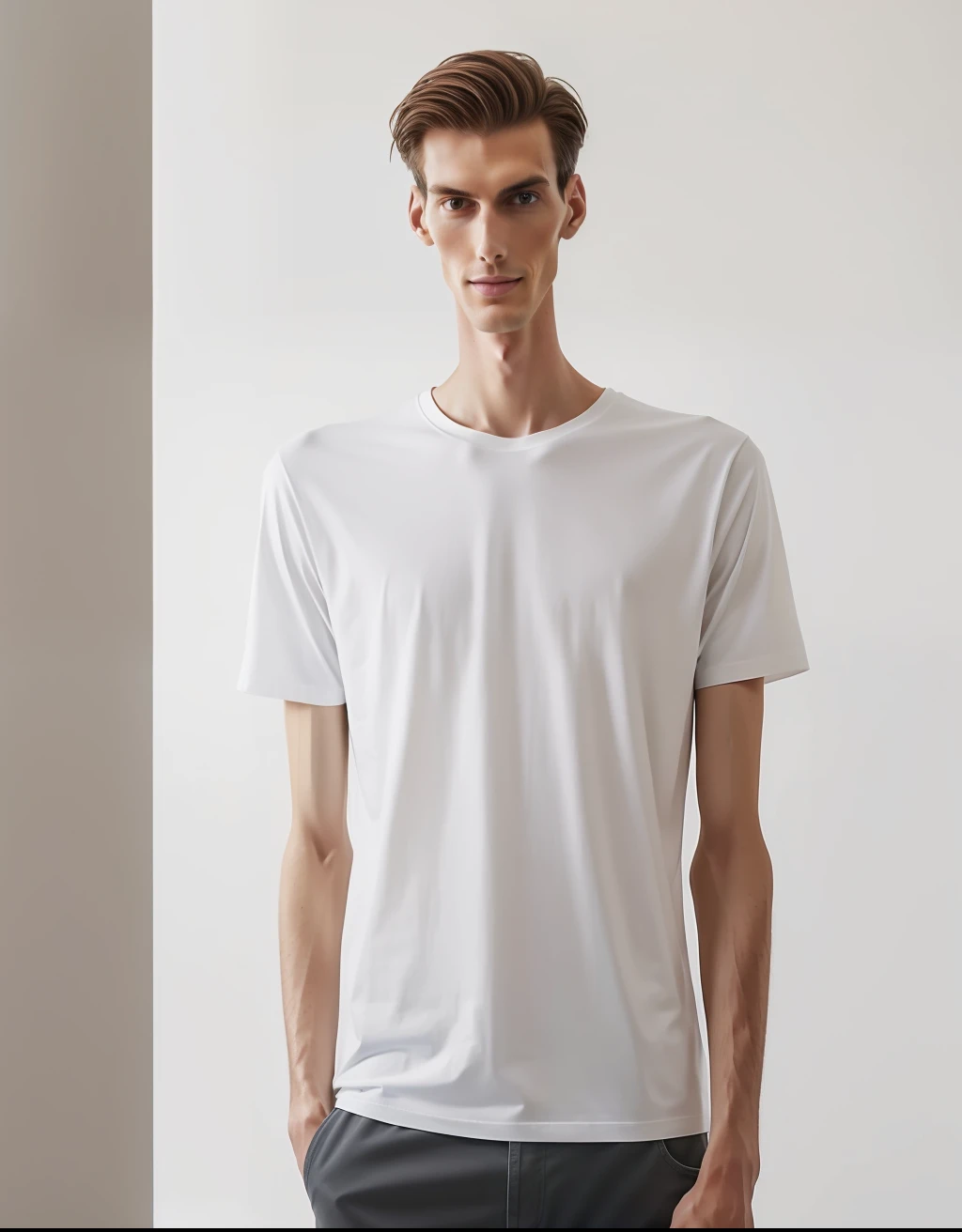 there is a man, a portrait of Marshall Arisman, unsplash, hyperrealism, tall man, very tall, tall and thin figure, tall and small, tall and thin, very very tall, thin and tall, very very tall, very tall and thin, very tall and thin, very tall and thin, large t shirt, large shorts, cute, smile