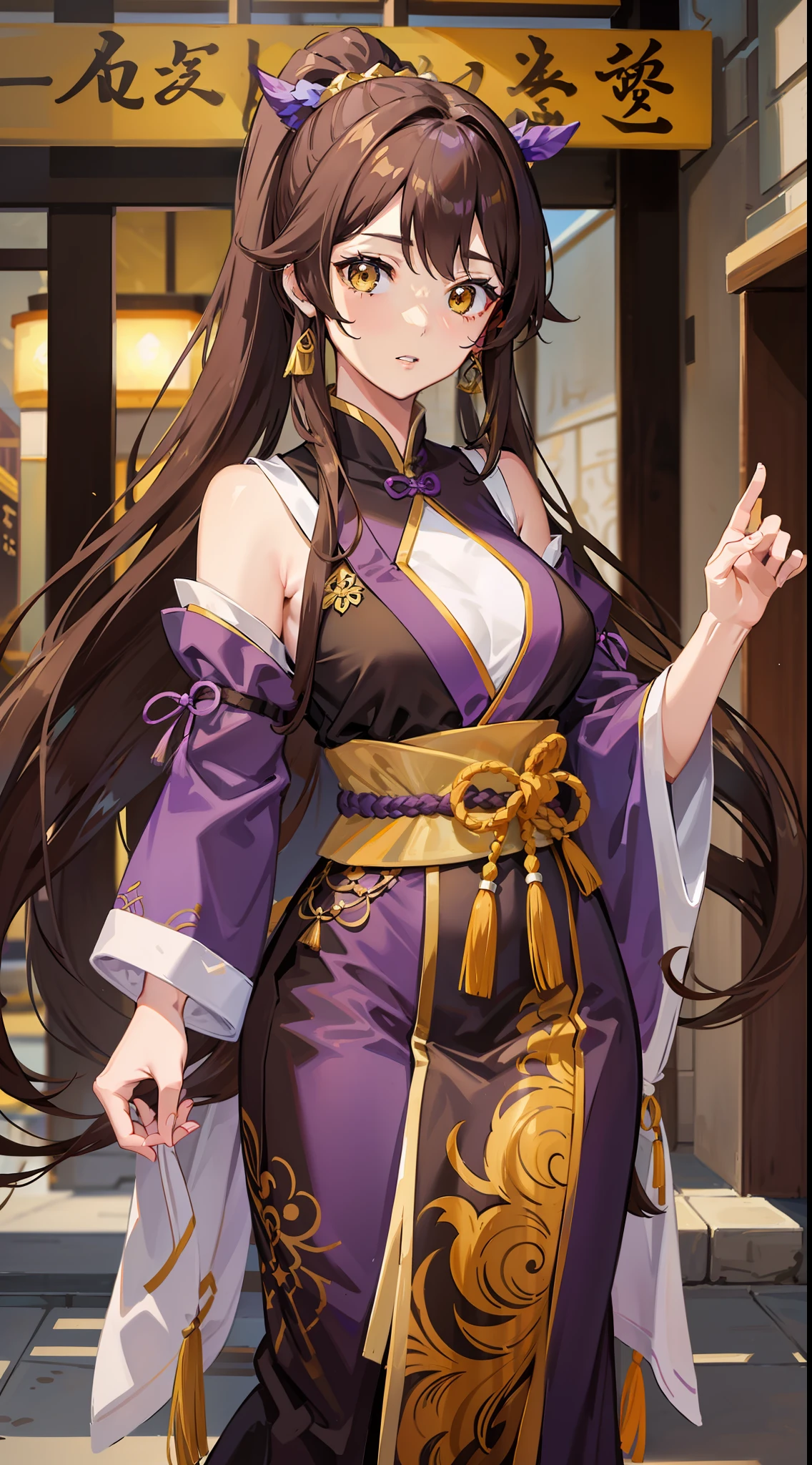 Adult woman, long brown hair, high ponytail, yellow eyes, purple hanfu, open breasts, masterpiece, high quality