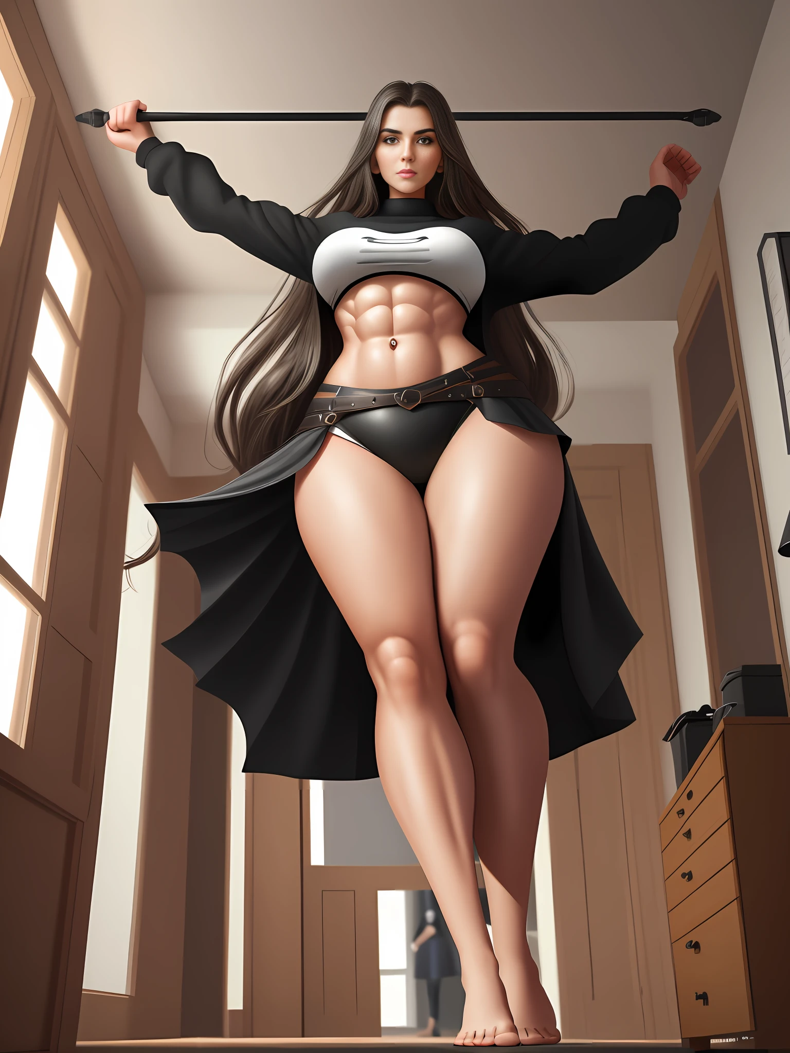 Woman, Robust, extra-long floor-to-ceiling long hair, extra-long hair, abs, thick legs, giant breasts, giant buttocks, sexy, character realism, realism. exaggerated body proportions, ((high)), huge, huge, huge, excited, huge, towering, full-body, straddling pose, thick thighs, wide hips, looking down, digital painting, little man standing between her feet, bedroom, interior, (perfect hands: 1.5)