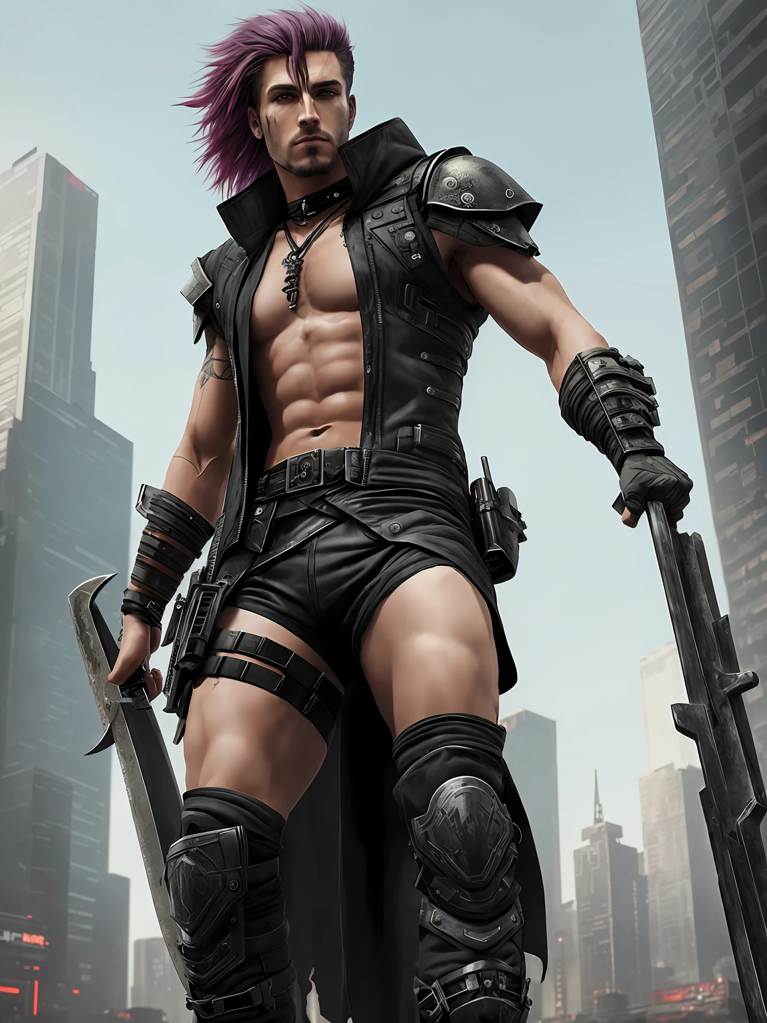 Male character, cyberpunk style, post-apocalyptic world, warrior, butcher, slayer, black angel, holding a scythe, 8k