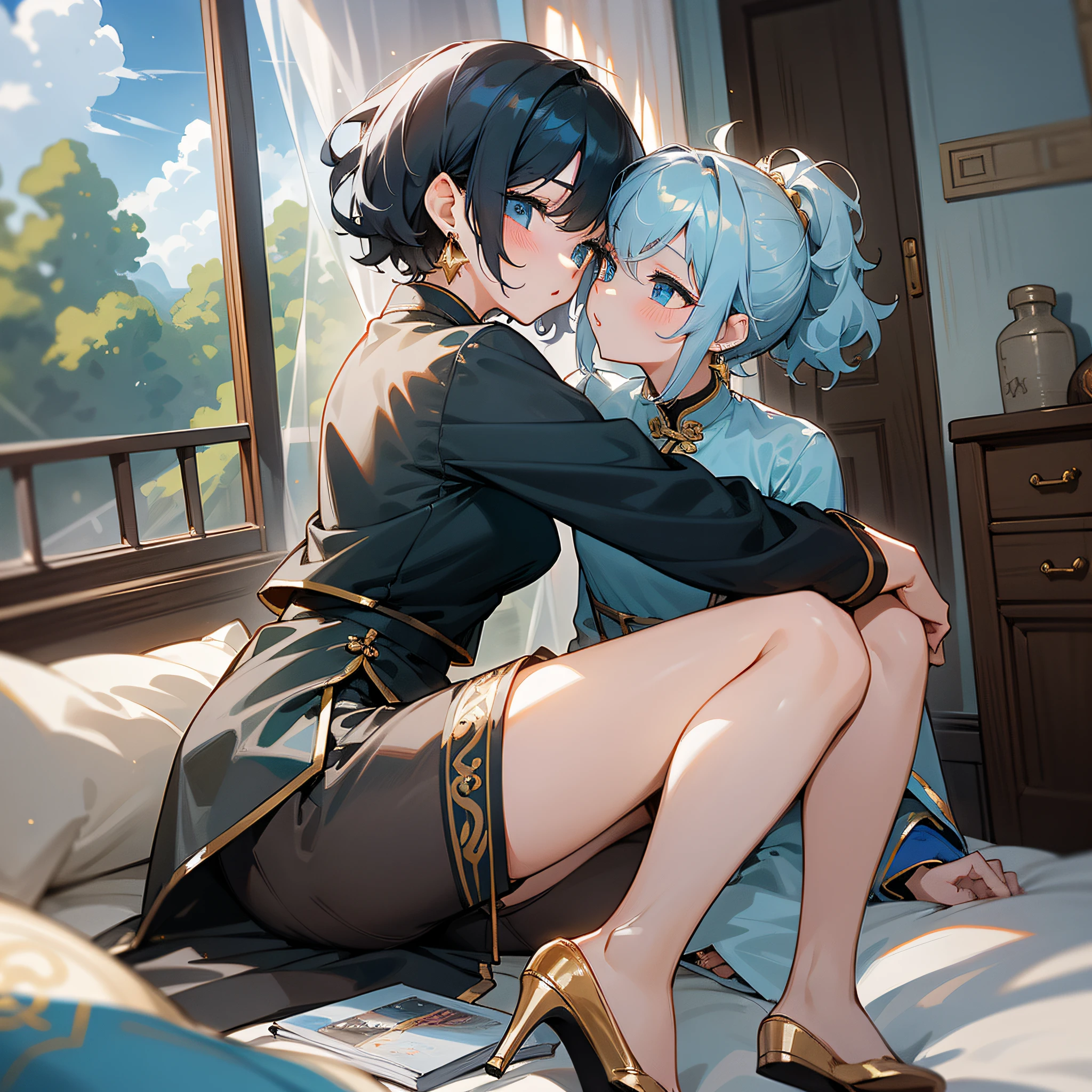 One (black high ponytail, green eyes, white shirt, black long-sleeved jacket, super shorts, gold earrings, girl) pressed the other (light blue short hair, curly hair, black split cheongsam, high heels, blue eyes, girl) on the bed to kiss, ten fingers interlocked, affectionate, wooden floor, behind the oversized transparent floor-to-ceiling windows, outside the window is the blue sky and white cloud steppe stream, and there are several books scattered on the bed,