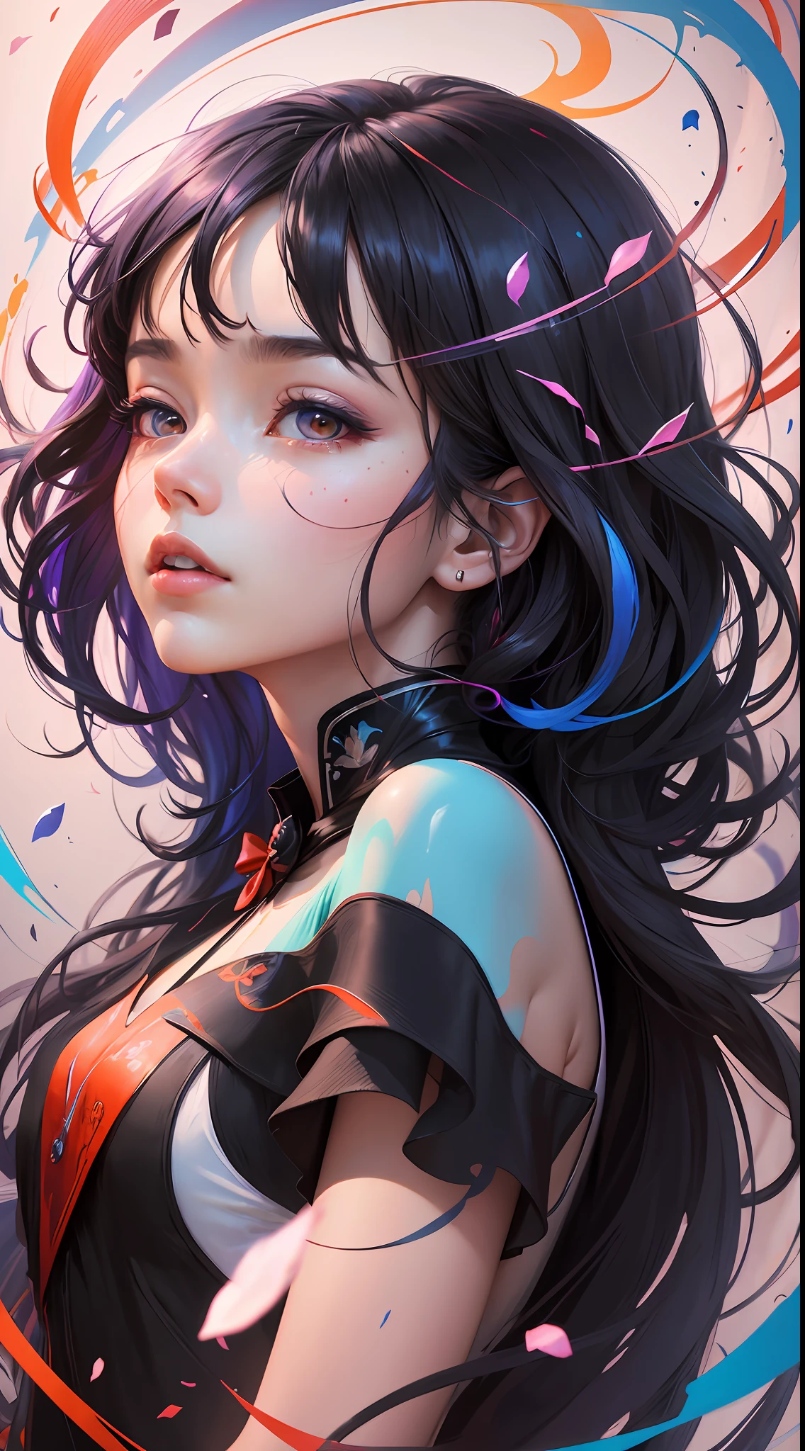 _james Jean, Floating Ribbon Feminine Figure, Smoke, In the Sky, Colorful and Vibrant, Mysterious Colors, Contemporary Impressionism, Yanjun Cheng Portrait, Iridescent Painting, 3/4 Perspective, Cute Face, Low Angle, Sweeping Spiral Composition, Beautiful Crystal Big Eyes, Black Big Iris, Black Hair, Red Clothes, UHD, HDR, 8K, (Masterpiece: 1. 5), (the most beautiful portrait in the world: 1.5) --auto --s2