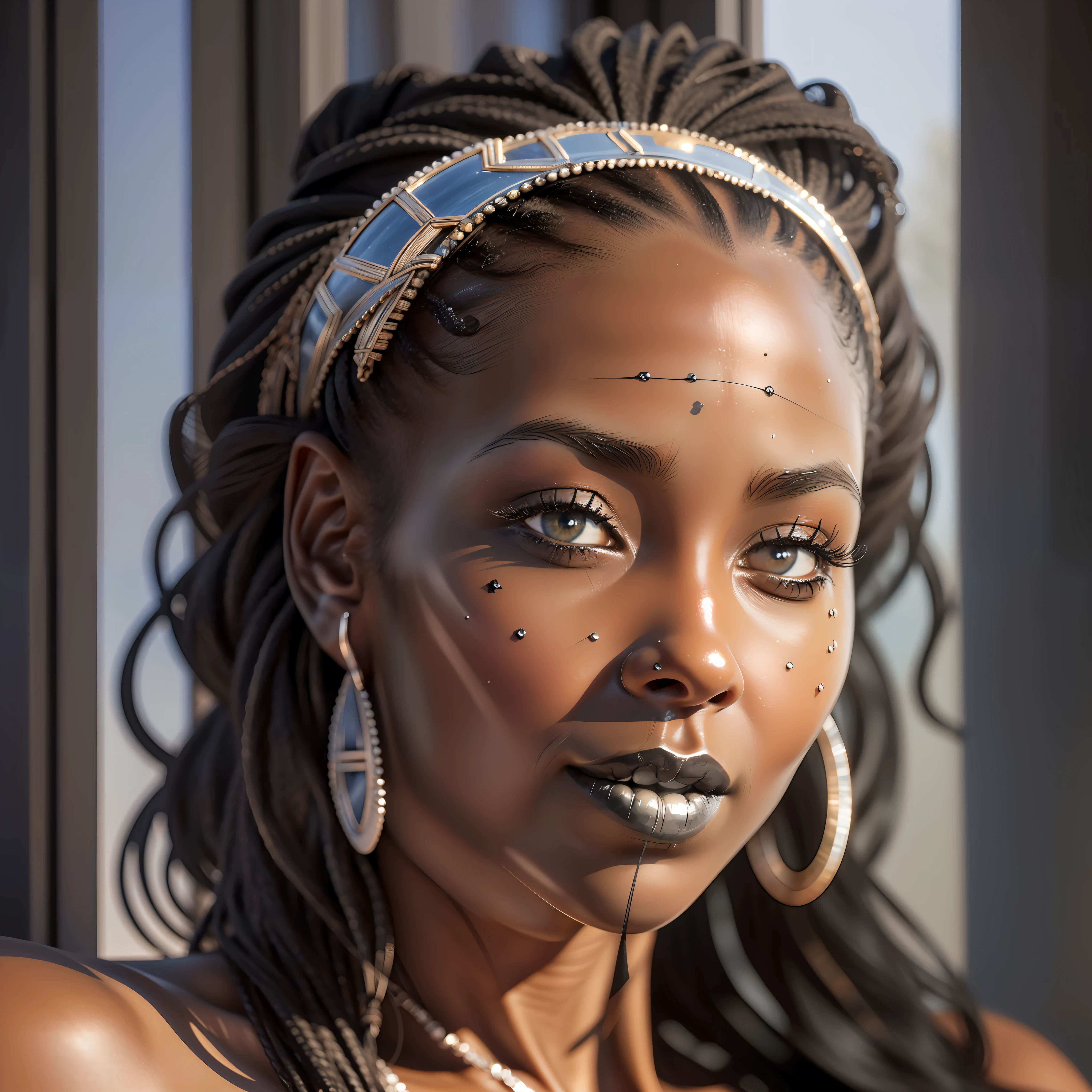 (((Face seen up close))), Photorealism, masterpiece, best quality, play of light, window, detailed and realistic skin, HDR, woman of (((black skin))), Senegal, detailed face, striking lips, dread hair, hair stuck, jewelry, silver, earrings, detailed hair, detailed eyes, black eyes, open sky background, sunlight,