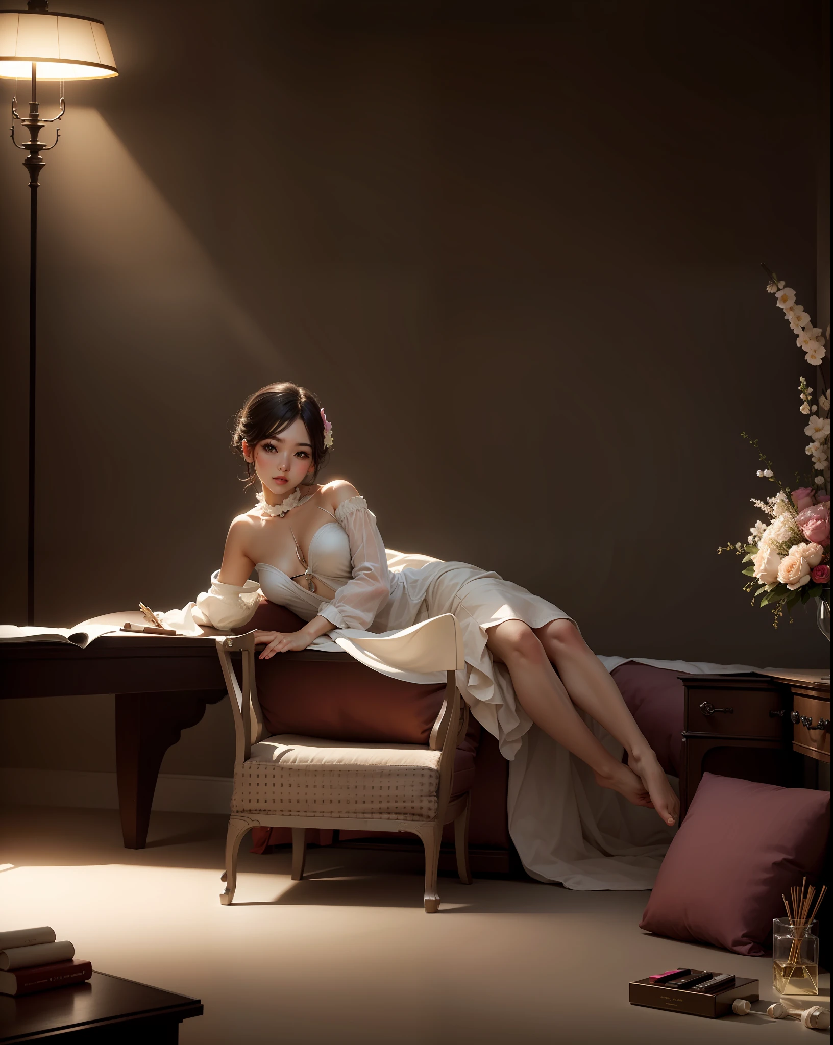 Lying on bed, table, chair, desk, lamp, flowers, perfume, cosmetics