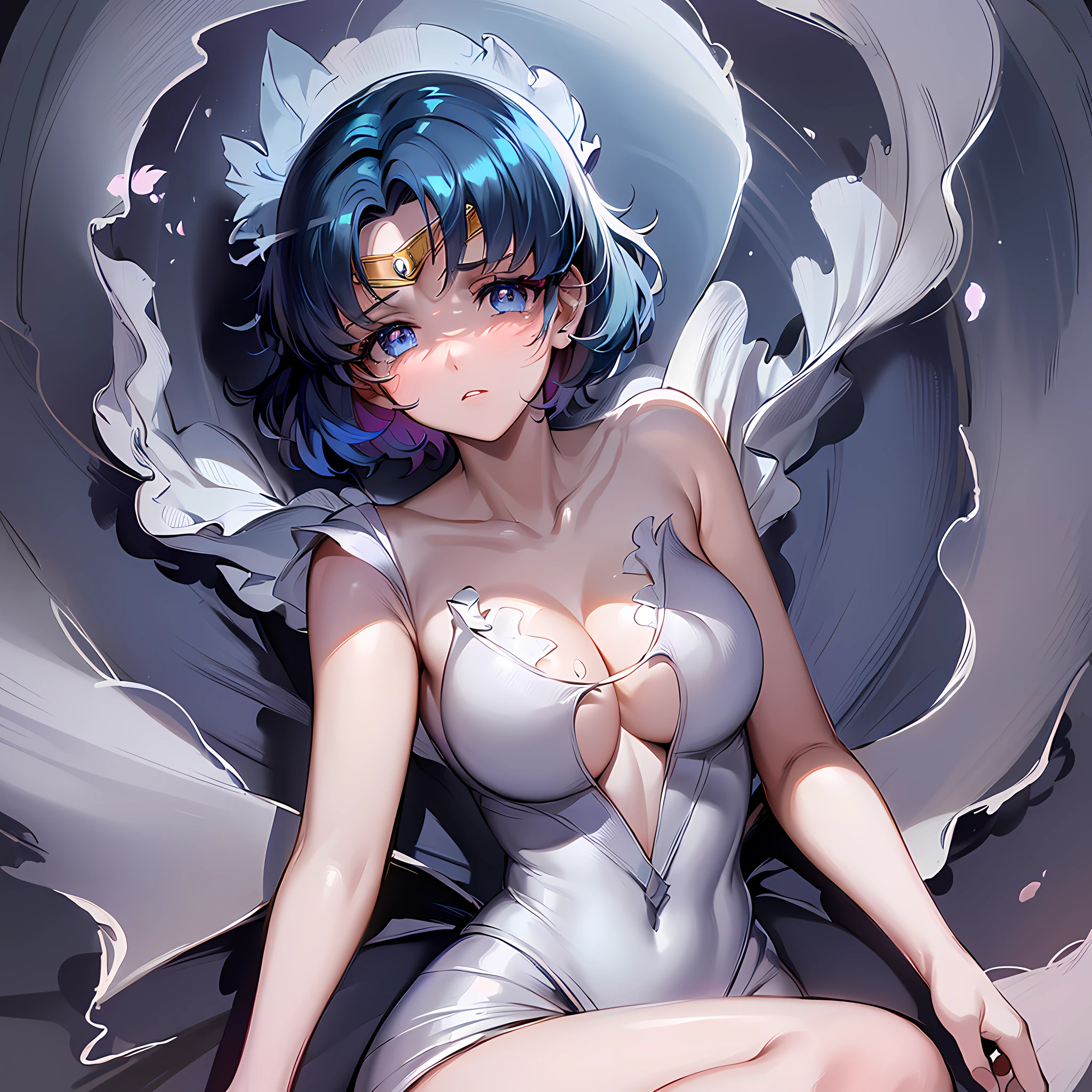 Highest quality, masterpiece, short hair, Sailor Moon, (sailor suit: 1.3), white boots, black and blue hair gradient, dreamy petals, (((beautiful face)), (delicate face), eyes full of tears, hands on chest, front face, huge crescent in background, full body, romanticism, cinematic lighting, God rays, textured skin, only two hands, 8k
