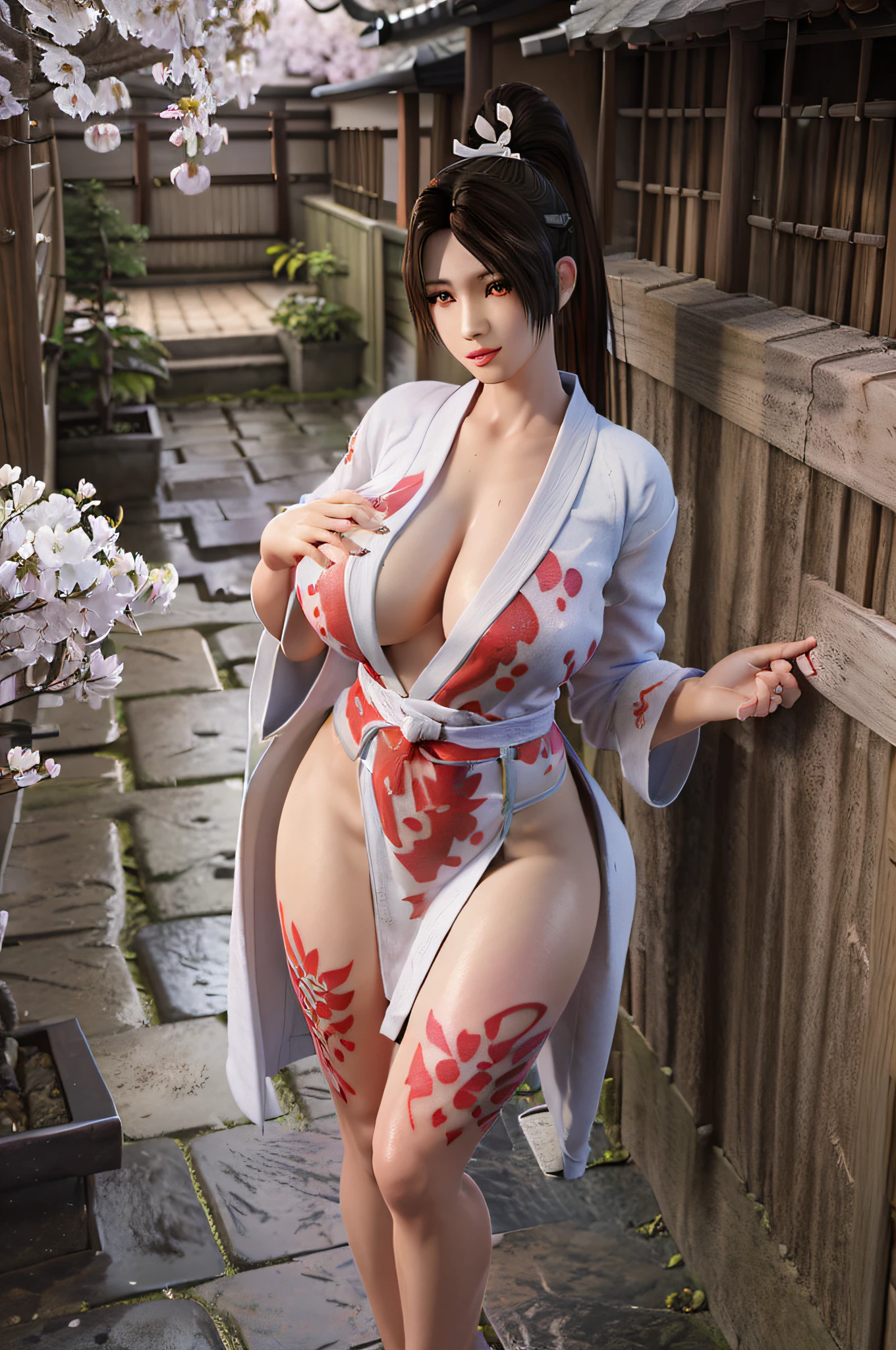 Aerial view,Full body, solo, MaiShiranui,see-through. Hands on breasts, (Japanese bathrobe:1.5),  bangs, black hair, blunt bangs, ( gigantic breasts:1.4), lips, long hair, moles under the mouth, purple eyes, slightly dilated lips, smile, wet skin, Wet hair,  shame,Standing amidst the falling cherry blossoms,(lip-print_tattoos:1.5), (masterpiece: 1.4), (best quality: 1.4), real-life portrait photography, looking at the viewer,Center,