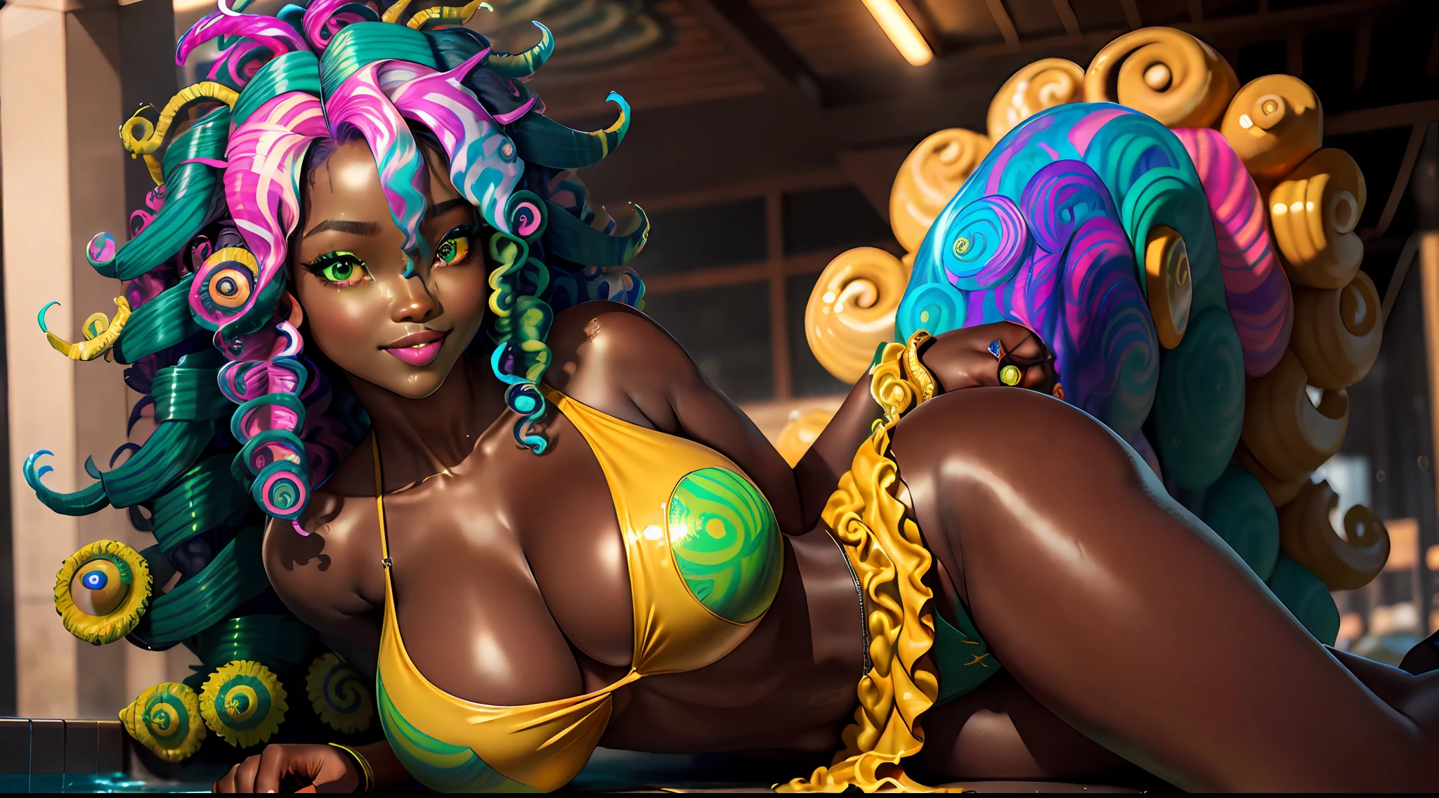 (Best quality, 4k, Masterpiece :1.3), pretty ebony woman, hyper realistic, 1girl, (massive breasts, attractive body :1.25), abs :1.1, (extreme neon rainbow hair), (curly hair:2), long hair, (rainy wet, wet from rain, wet body :1.2), ultra-detailed face, detailed lips, detailed (sparkling (heterochromia, left honey eye, right green eye:1.35)), double eyelid, gold sultry low neck gown gold, open cleavage, hanging breasts, side pose, visible curves, pool party, laying pool side, laying alone, (((1girl))), gold transparent robe gold, evil smile, sweating