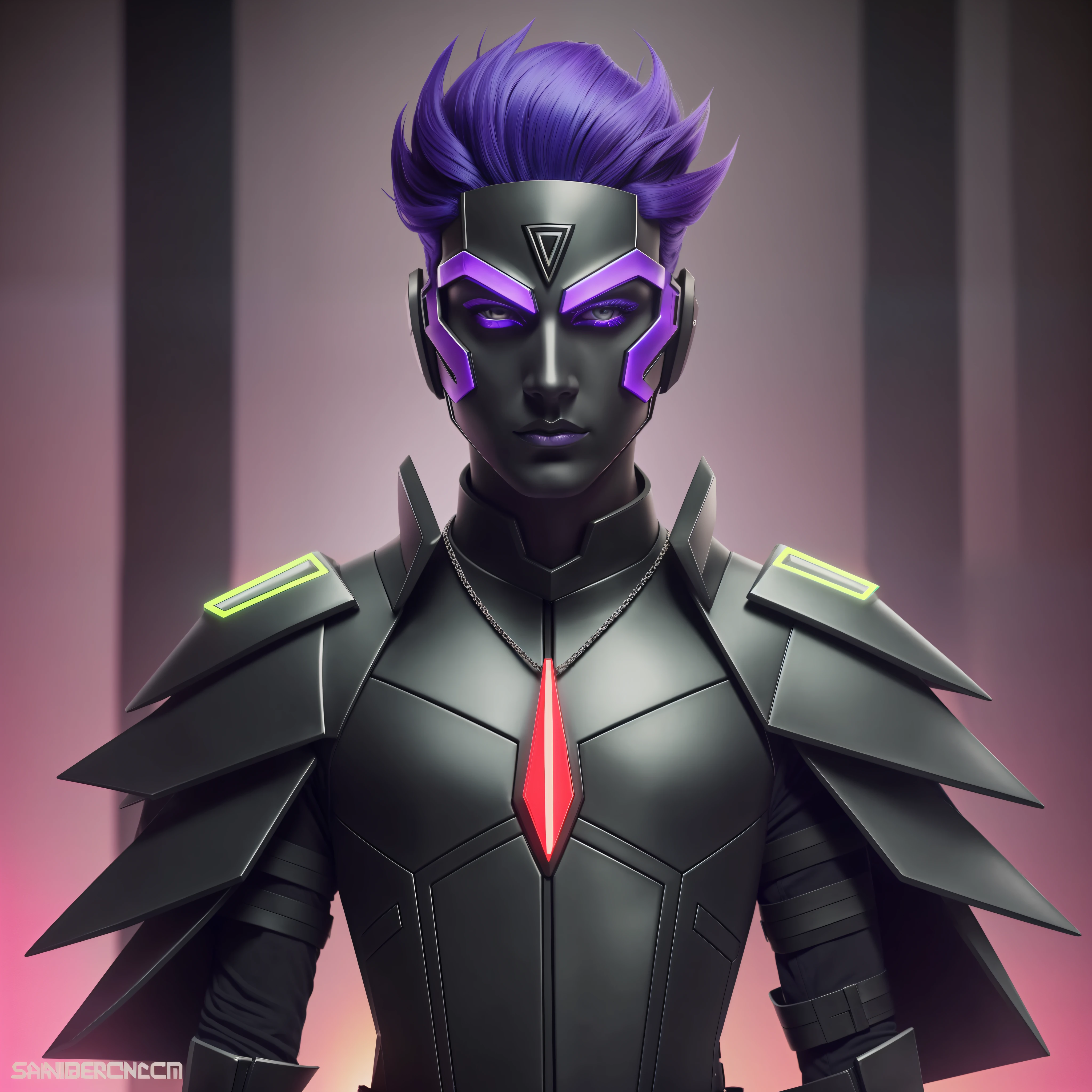 Imposing boy, with black skin, about 1.70 meters tall. Its physical structure is normal and defined. Her hair is blue, long and well groomed, framing a striking face. His eyes are an intense red, piercing and expressive, conveying death and danger. It has a very futuristic mask that adds a touch of seriousness and mystery to its countenance, but does not hide its attractive and captivating appearance. Their clothing is in the bespoke cyberpunk style, dark in color and fluorescent green cut impeccable, conveying sophistication and danger. His tunic is black, with details of blood gushing, complemented by a necklace with a mystical stone of purple color, which adds Surrealism, 8k, super detail --auto --s2
