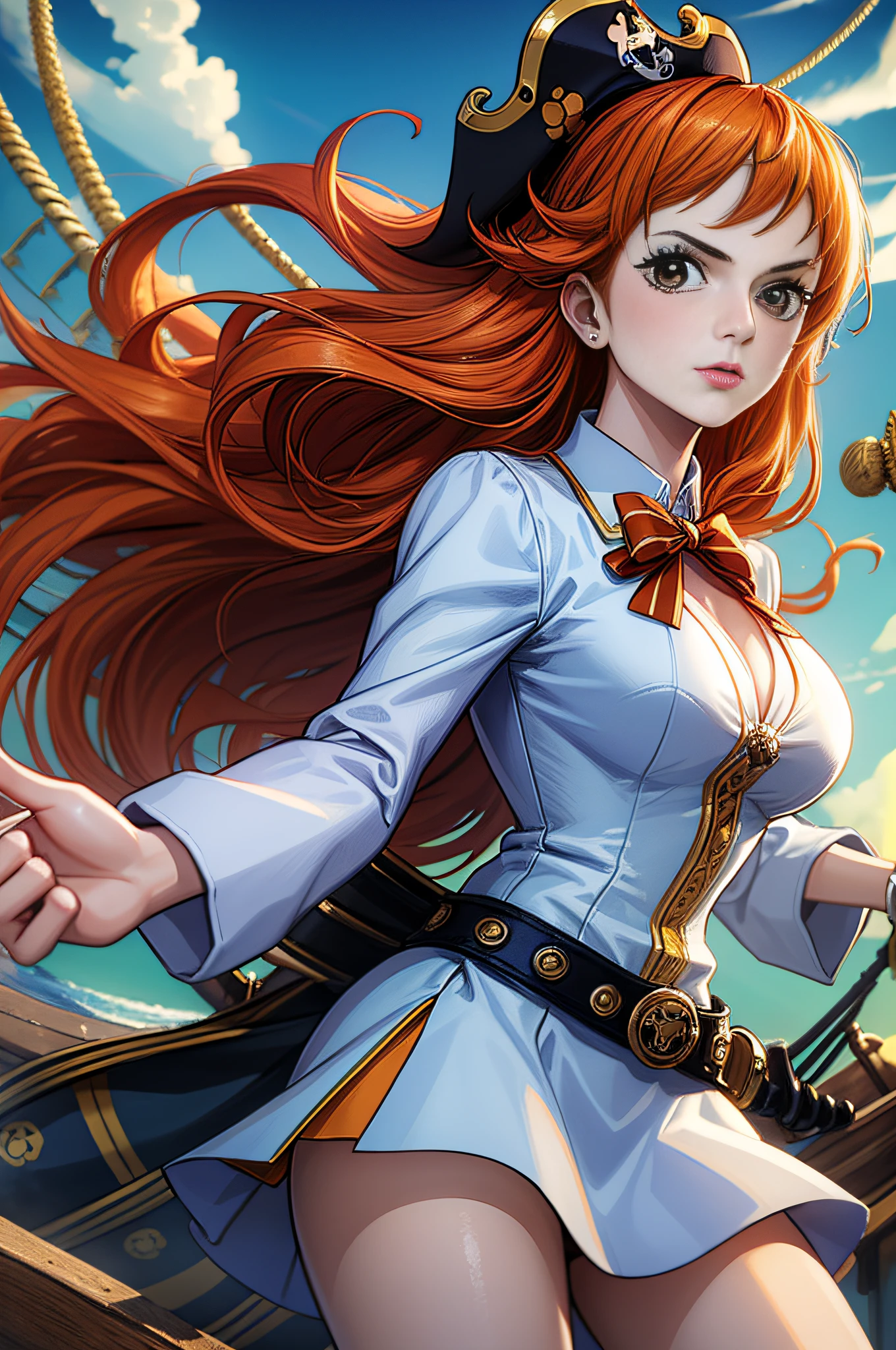(((masterpiece+best quality+high resolution+ultra-detailed))), 1girl with clima-tact, Nami, long silky orange hair, high nose, sharp eyes, noble and inviolable temperament, (([female]: 1.2 + [beauty]: 1.2 + orange long hair: 1.2)), pirate ship background, blue sky, clouds, bracelets, white long sleeve mini dress and donned another belt, bright eyes, dynamic angle and posture.