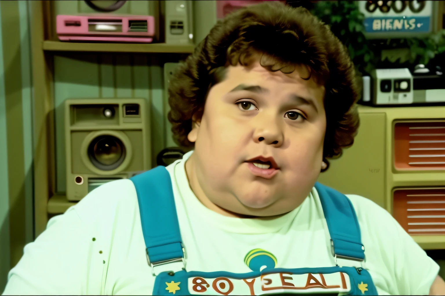 (((vhs screengrab, shot on a broadcast camera, a live-action 80’s sitcom))) featuring a boy (8 :1.3), (fat boy:1.3), green overalls, black fringe, scene head diagonally, indoor house background. Reference: friends, Seinfeld, Full house.