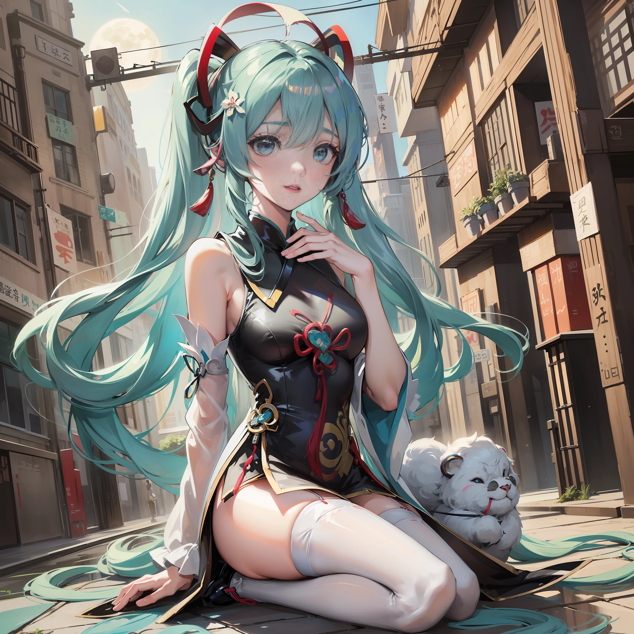Hatsune Miku, Kamisato Ayaka, Genshin, Moon, Ganyu, High Heels, High Split Cheongsam, Shy Expression, White Stockings, Classical Street, Big , Exposed cleav