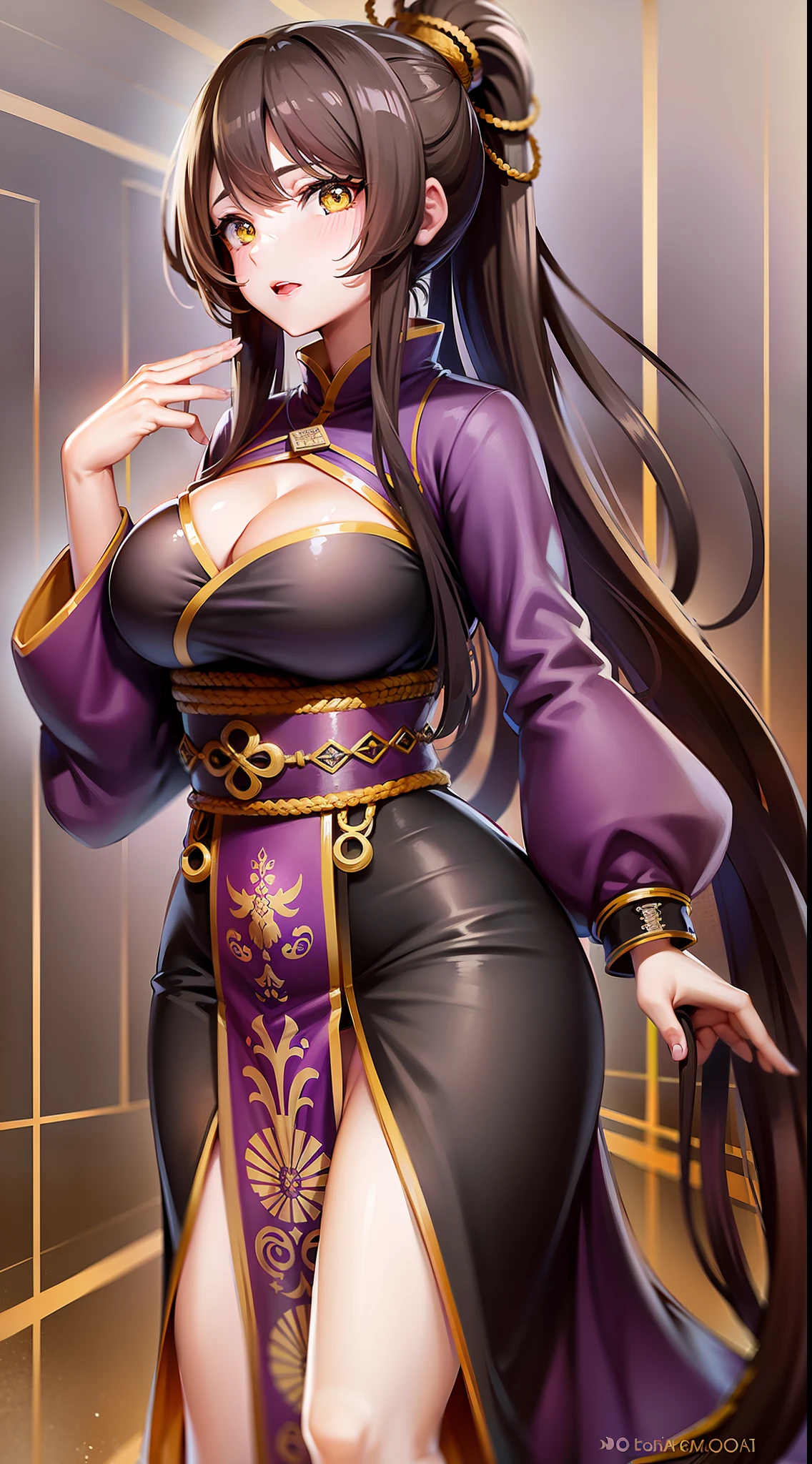 Adult woman, long brown hair, high ponytail, yellow eyes, purple hanfu, open breasts, masterpiece, high quality