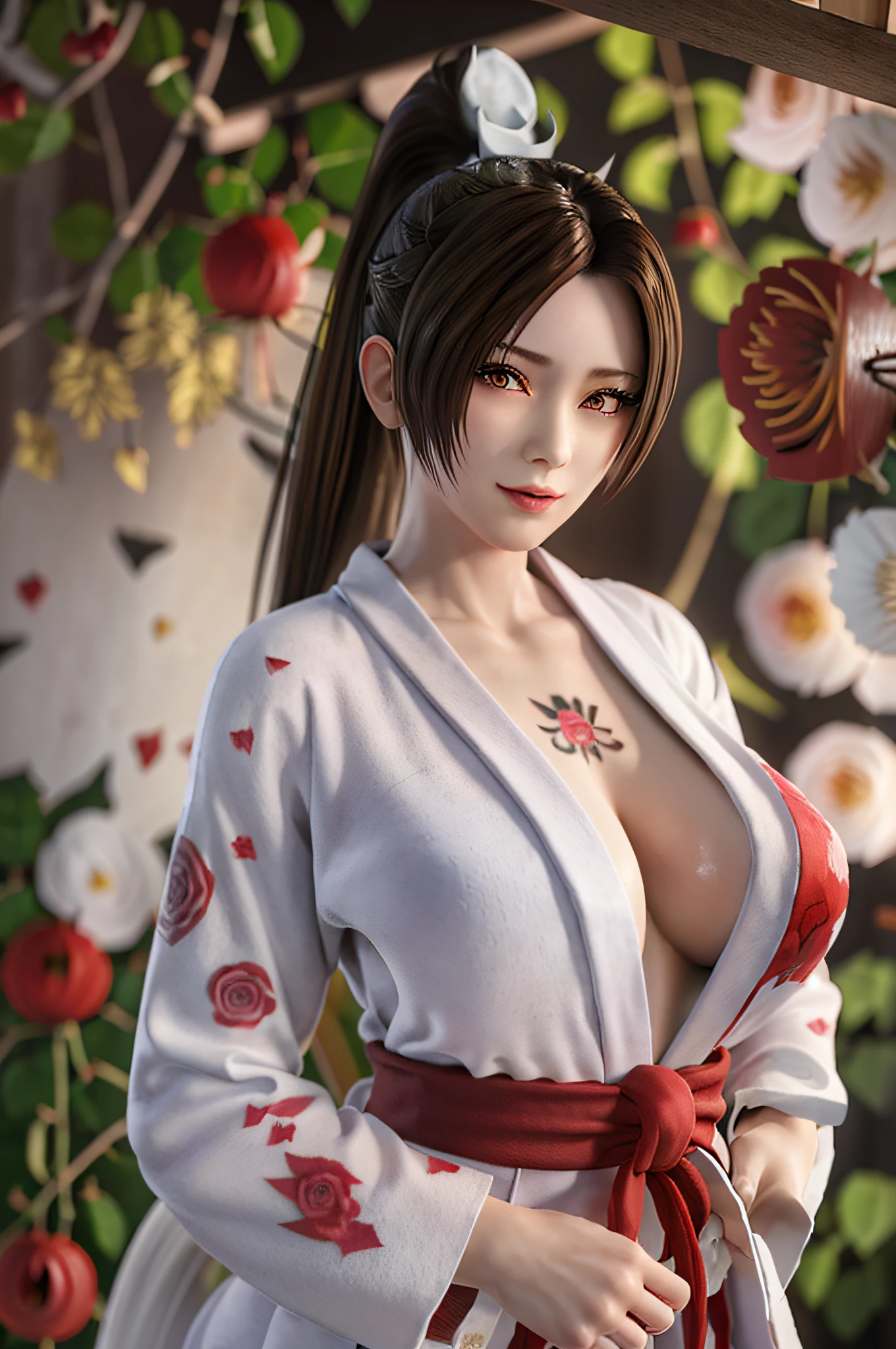 Aerial view,Full body, solo, MaiShiranui,see-through. Hands on breasts, (Japanese bathrobe:1.5),  bangs, black hair, blunt bangs, ( gigantic breasts:1.4), lips, long hair, moles under the mouth, purple eyes, slightly dilated lips, smile, wet skin, Wet hair,  shame,Standing amidst the falling cherry blossoms,(rose_tattoos:1.5), (masterpiece: 1.4), (best quality: 1.4), real-life portrait photography, looking at the viewer,Center,