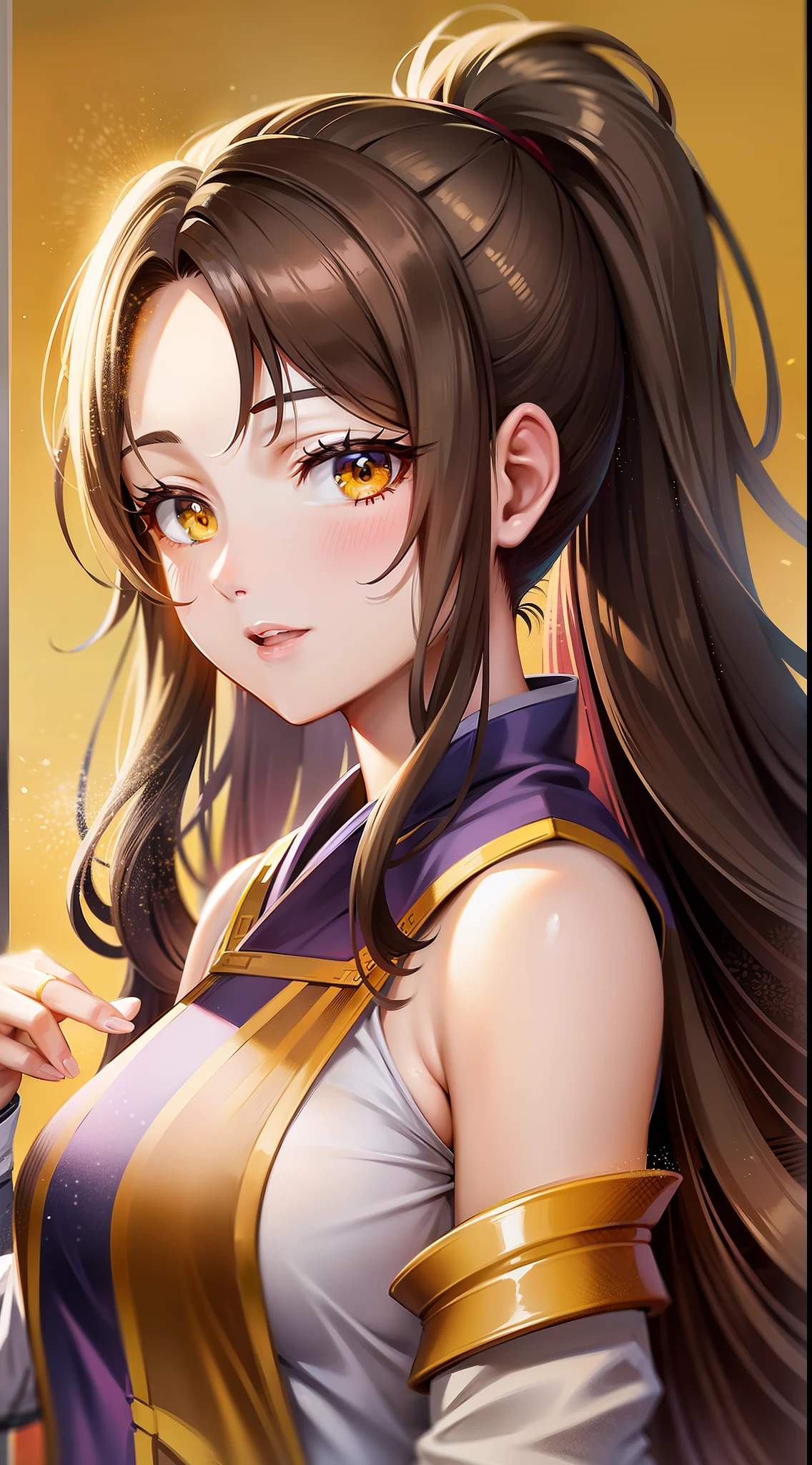 Adult woman, long brown hair, high ponytail, yellow eyes, purple hanfu, open breasts, masterpiece, high quality