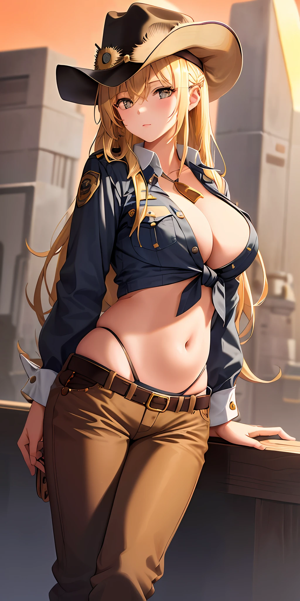 1girl, solo, blonde long hair, large breasts, thighs, (lips, tied buttoned shirt, belly, sheriff hat, badge, pants, cowboy boots), desert background, orange sky