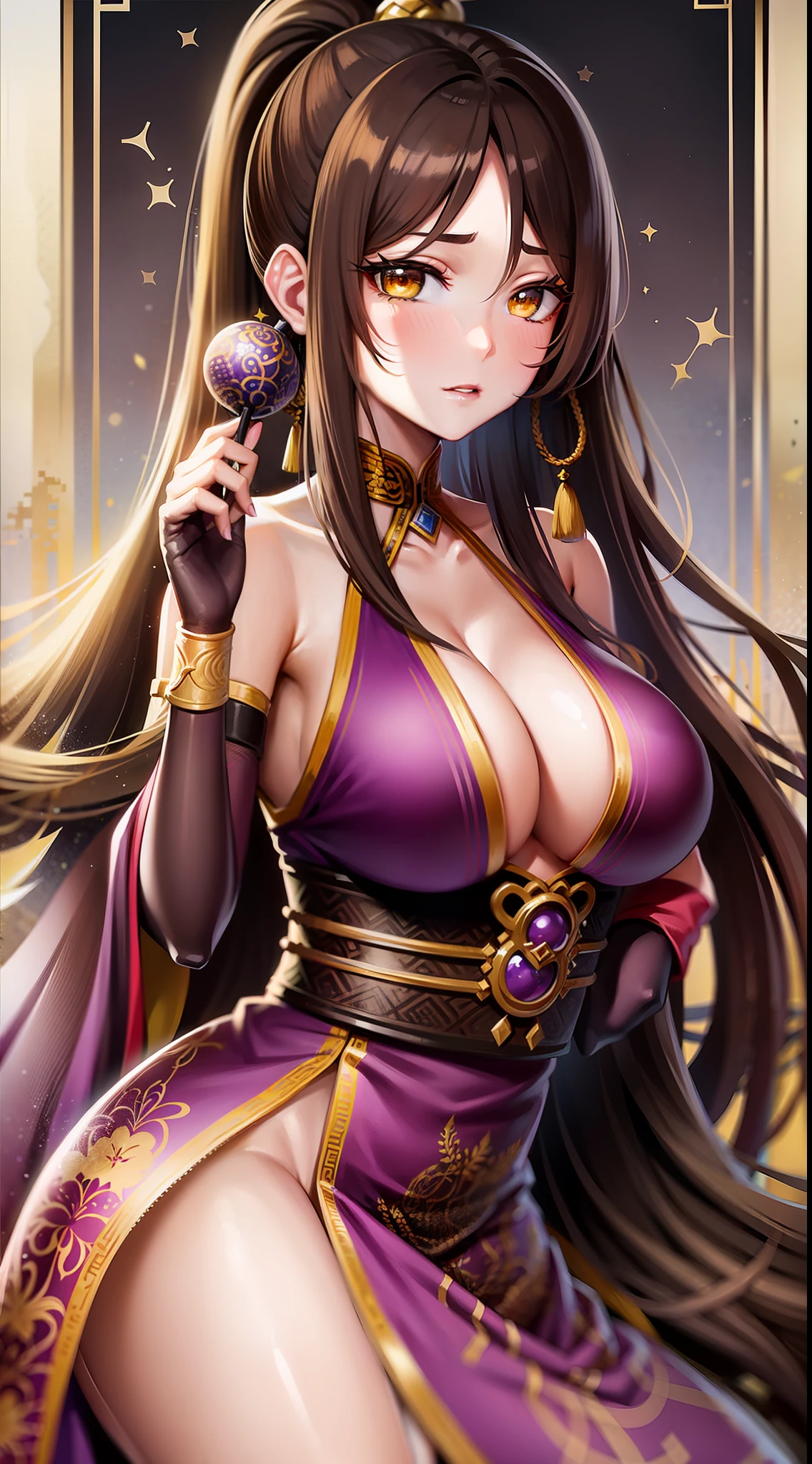 Adult woman, long brown hair, high ponytail, yellow eyes, purple hanfu, open breasts, masterpiece, high quality