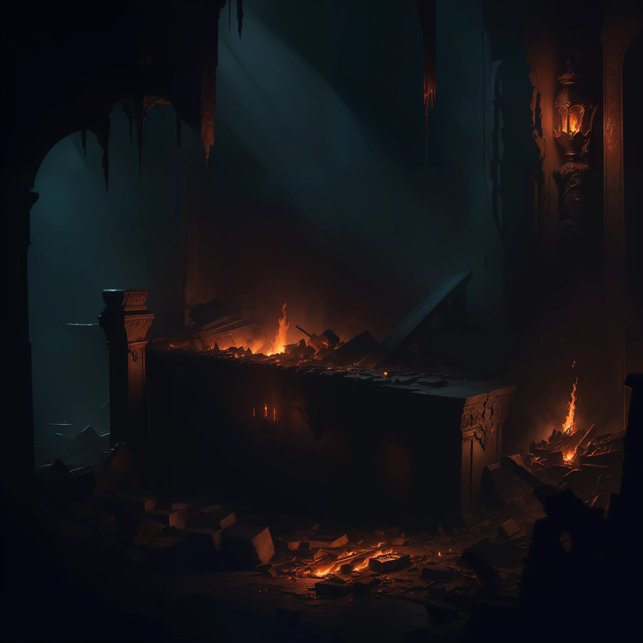 (Dark Fantasy:1.2), (Masterpiece, Epic Quality, Epic Realism, Ultra Resolution, 8K Photo Unity, Epic Detail: 1.1), Blood, Huge Dungeon, Dark Forge, (Intricate Details, Dynamic Angle, The Most Beautiful Form of Chaos, Night, Fire, Sparks, Ashes, Rim Lighting, Soft Lighting, (Professional Photography, Photorealism, Hyperrealism), Ray Tracing, HDR