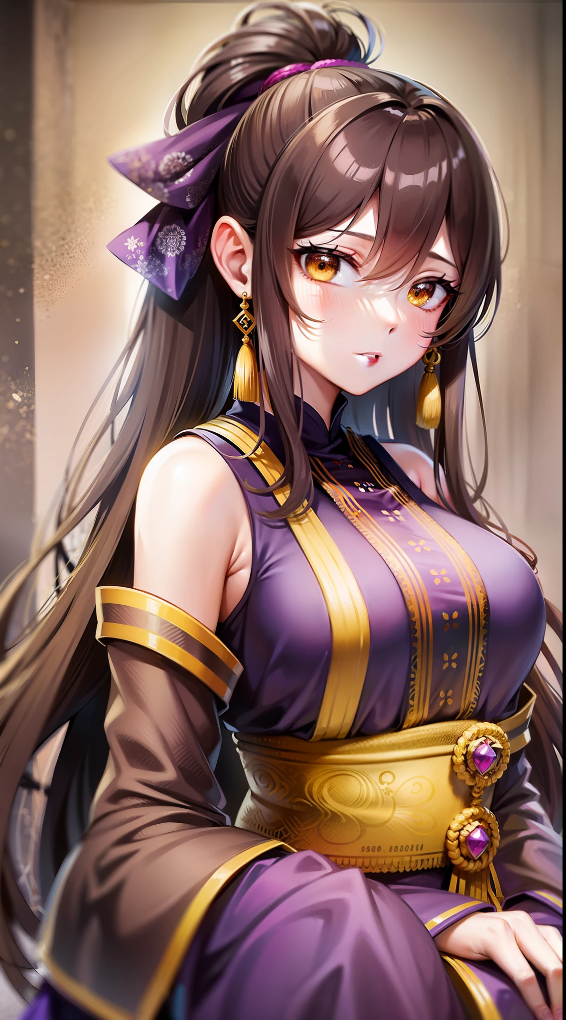 Adult woman, long brown hair, high ponytail, yellow eyes, purple hanfu, open breasts, masterpiece, high quality
