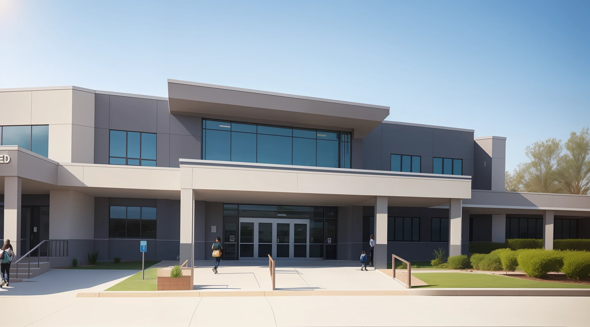 Vision approaches the front of a high school, spacious, students