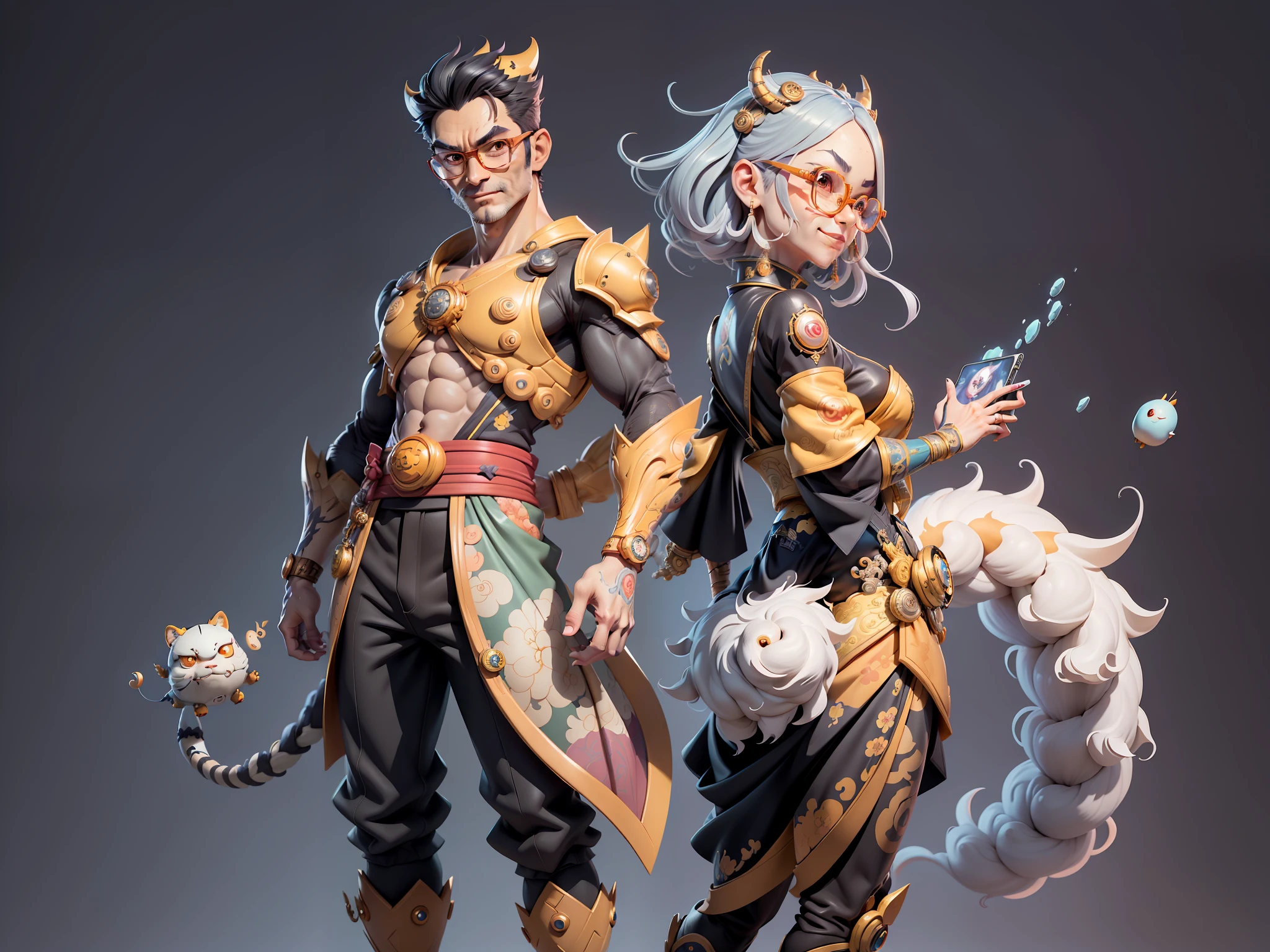 (Masterpiece), (Excellent), (Super Meticulous), (Full Body: 1.2), Super Young Man with Japanese Female Geisha, Pretty, Beautiful, Chinese Dragon, Tiger, Wind God Thor, Sexy, Bursting, Oriental Face, TV Anchor, Bust Portrait Illustration, Black Suit, Blue Tie, Slightly Chubby Face, Silver Glasses, Very Clean Face, No Beard on Chin, Black Super Short Hair, Black Eyes, Confident Smile, 3c Computer Sub-Products, iPad, iPhone, Digital Painting, 3D character design by Mark Clairedon and Pixar and Hayao Miyazaki and Akira Toriyama, the illustrations are HD illustrations in 4K resolution with highly detailed facial features and cartoon-style visuals.