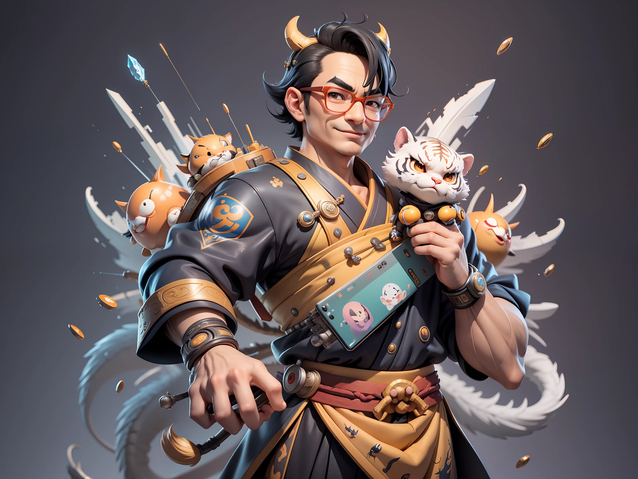 (Masterpiece), (Excellent), (Super Meticulous), (Full Body: 1.2), Super Young Man with Japanese Female Geisha, Pretty, Beautiful, Chinese Dragon, Tiger, Wind God Thor, Sexy, Bursting, Oriental Face, TV Anchor, Bust Portrait Illustration, Black Suit, Blue Tie, Slightly Chubby Face, Silver Glasses, Very Clean Face, No Beard on Chin, Black Super Short Hair, Black Eyes, Confident Smile, 3c Computer Sub-Products, iPad, iPhone, Digital Painting, 3D character design by Mark Clairedon and Pixar and Hayao Miyazaki and Akira Toriyama, the illustrations are HD illustrations in 4K resolution with highly detailed facial features and cartoon-style visuals.