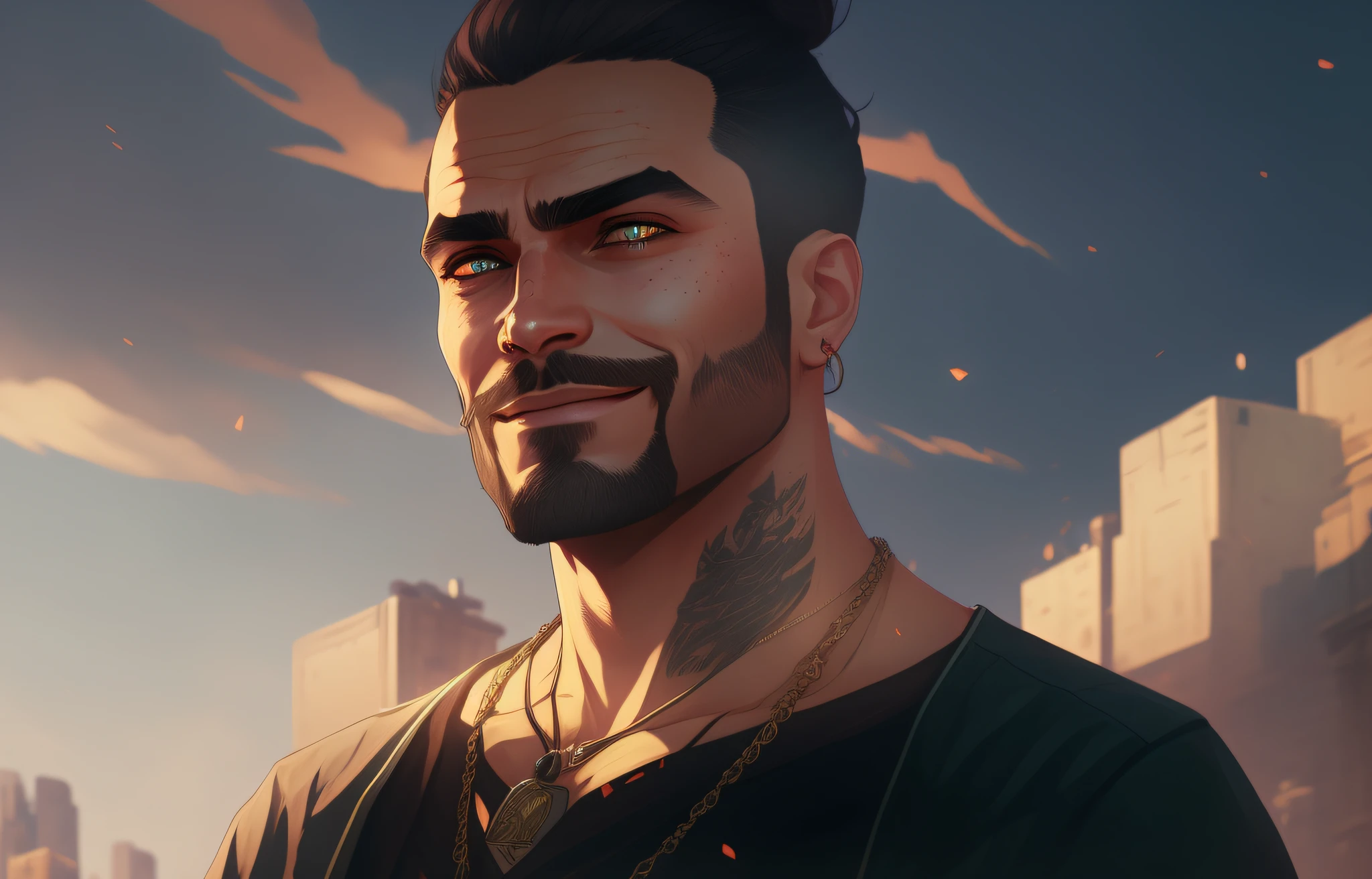 there is a man with a beard and a necklace on his neck, epic portrait illustration, style of gta v artworks, detailed character portrait, realistic artstyle, fantasy art smug smile man, character art portrait, photorealistic artstyle, character art closeup, artwork in the style of guweiz, striking detailed artstyle, handsome guy in demon slayer art