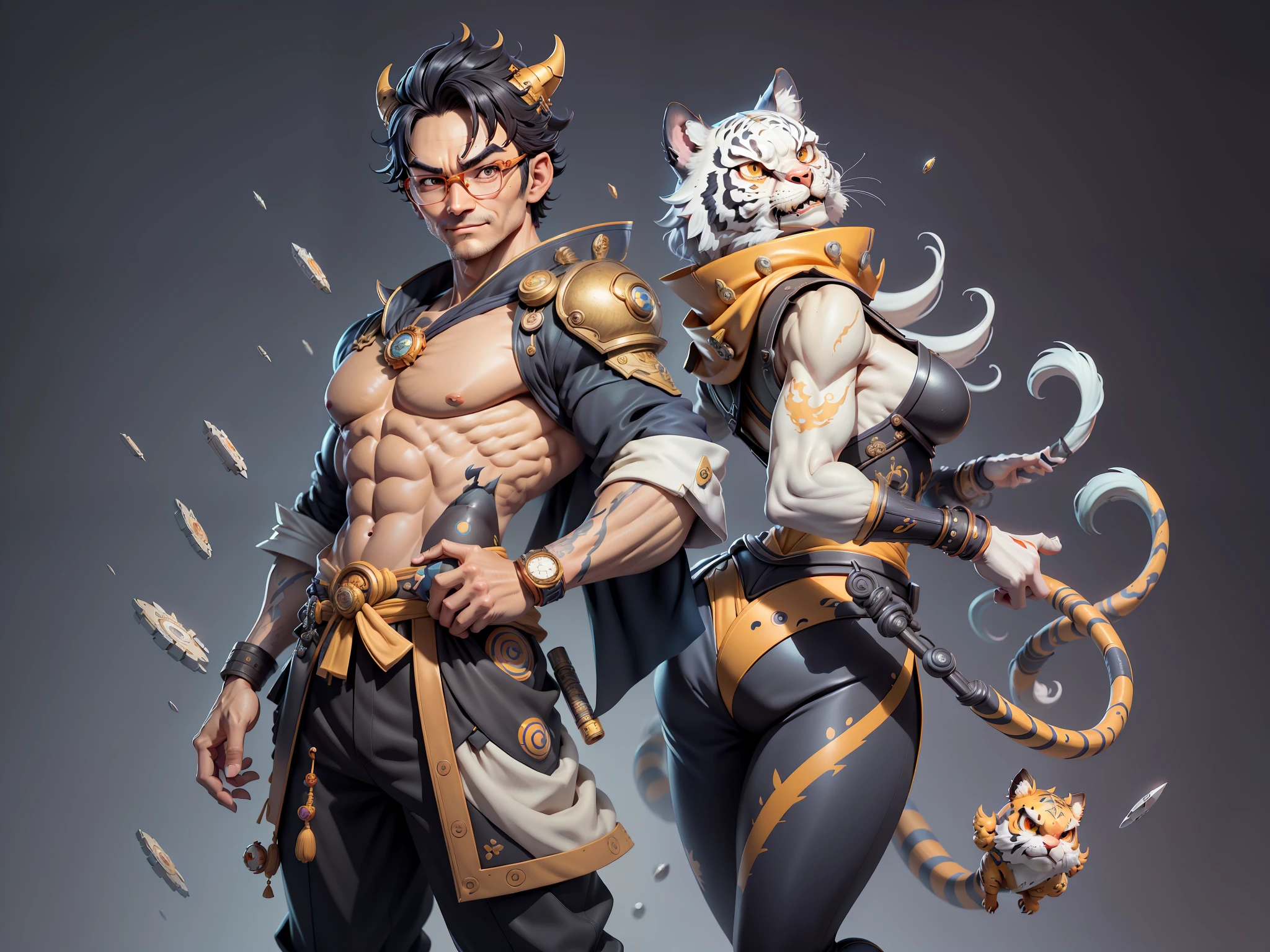 (Masterpiece), (Excellent), (Super Meticulous), (Full Body: 1.2), Super Young Man with Japanese Female Geisha, Pretty, Beautiful, Chinese Dragon, Tiger, Wind God Thor, Sexy, Bursting, Oriental Face, TV Anchor, Bust Portrait Illustration, Black Suit, Blue Tie, Slightly Chubby Face, Silver Glasses, Very Clean Face, No Beard on Chin, Black Super Short Hair, Black Eyes, Confident Smile, 3c Computer Sub-Products, iPad, iPhone, Digital Painting, 3D character design by Mark Clairedon and Pixar and Hayao Miyazaki and Akira Toriyama, the illustrations are HD illustrations in 4K resolution with highly detailed facial features and cartoon-style visuals.