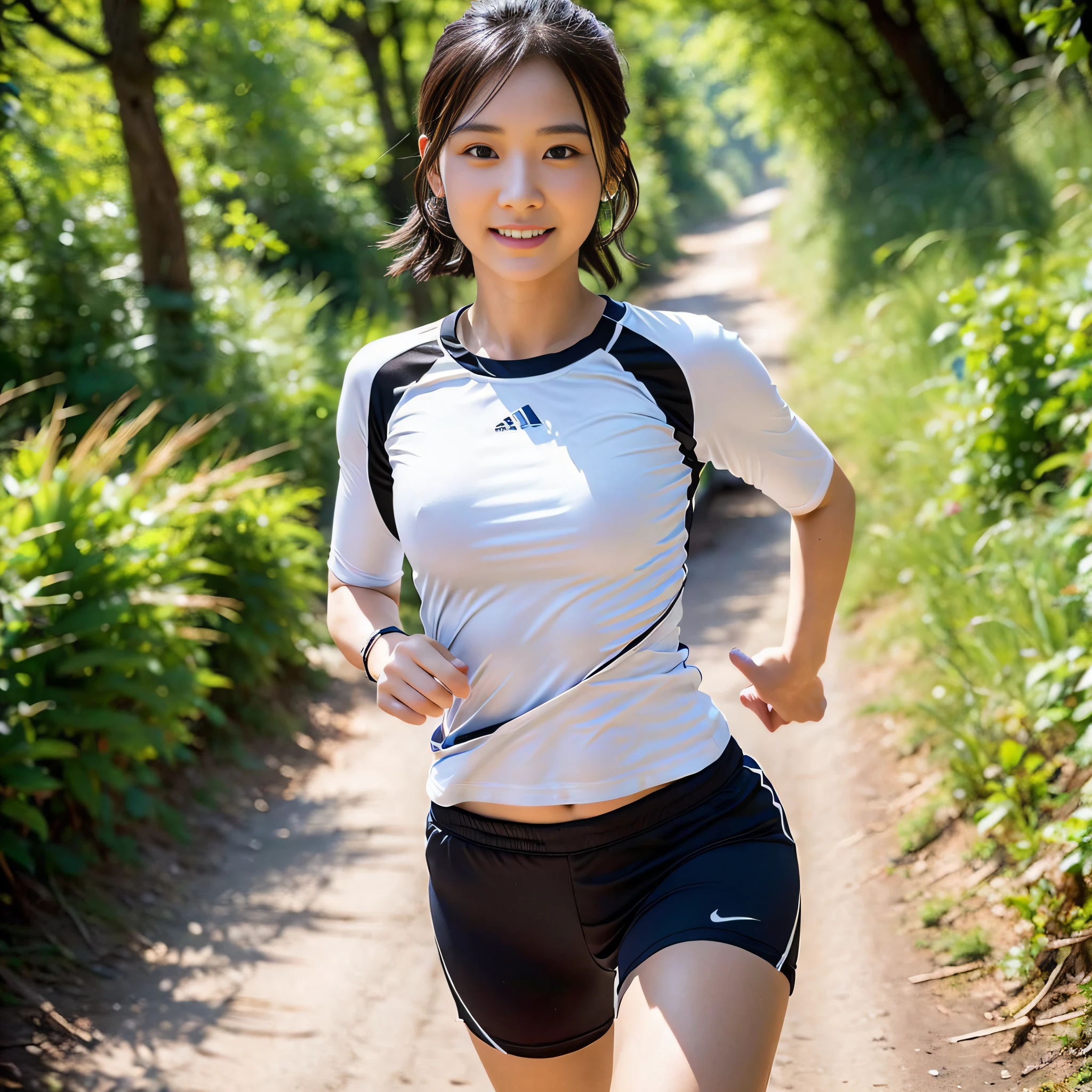 1 Girl: 1.3, Solo, 8K, Mountain Landscape, Woman Running On A Dirt Path, In Nature, Shot from a Short Distance, Watching the Viewer, (Masterpiece), (Best Quality), High Resolution, (Photorealistic: 1.2), (50mm Sigma f/1.4 Zeiss Lens, f1.4, 1/800s, ISO 100, Photo: 1.1), Ultra Detailed, Physically Based Rendering, Pretty woman of 20 years old, (very detailed face: 1.9), Japan person, small face, looking ahead, fine hands, contents, middle breast, middle waist, smile, black hair, (fine lips, lip gloss: 1.3), so much sweat, shiny skin, (white, long t-shirt: 1.5): 0.2, black running shorts, focus on face