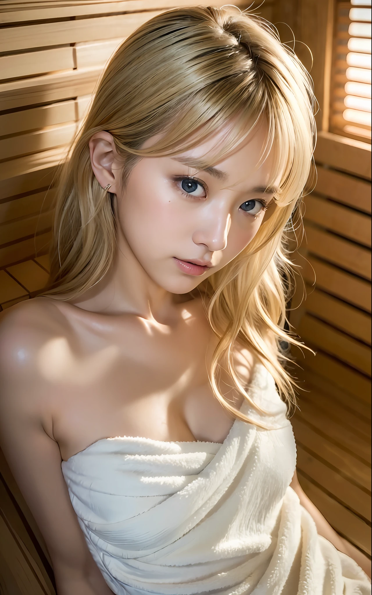 ((top quality, 8k, masterpiece: 1.3)), women (bare towel, inside_sauna: 1.6), inside the sauna room, overhead camera, sharp focus: 1.2, cute women: 1.4, ((side bang hair)), very detailed face and skin and hair texture, detailed eyes, double eyelids, white skin, beautiful legs, beautiful delicate nose, ash-blonde hair, cute young Japan woman, The 28-year-old, with dynamic angles, exudes melancholy emotions characterized by calming tones and contrasting mixes of light and shadow, while emphasizing the subject's hair, eyes, mouth and action, while composing a composition pleasing to the eye.