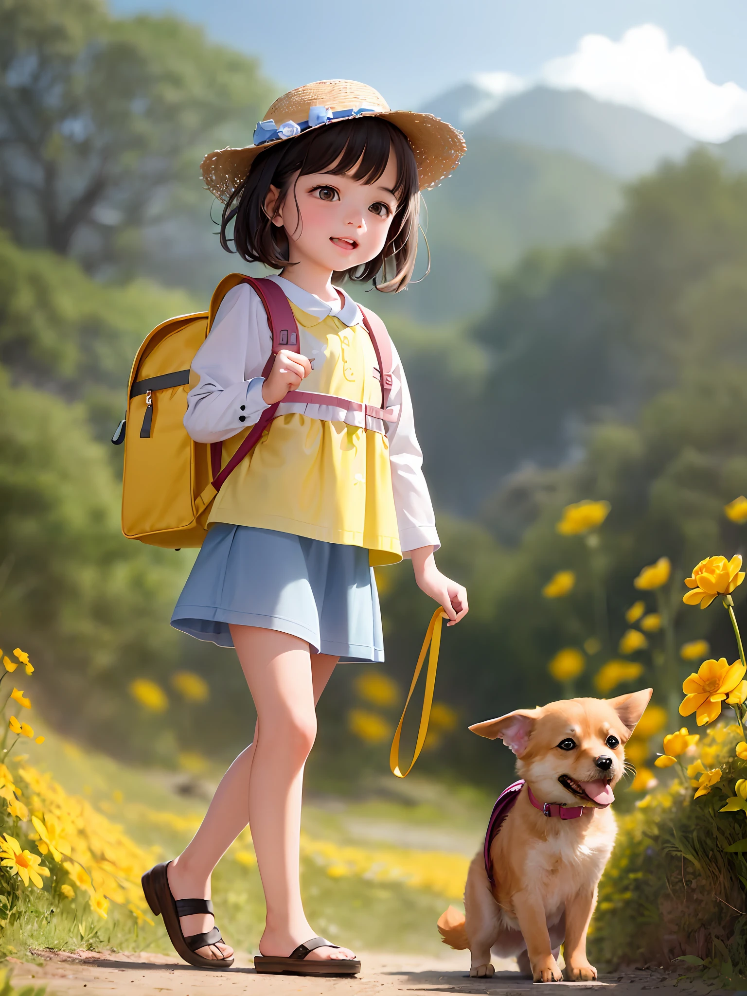 Tip: A very charming little girl with a backpack and her adorable puppy enjoying a lovely spring outing surrounded by beautiful yellow flowers and nature. The illustration is a high-definition illustration in 4K resolution with highly detailed facial features and cartoon-style visuals.