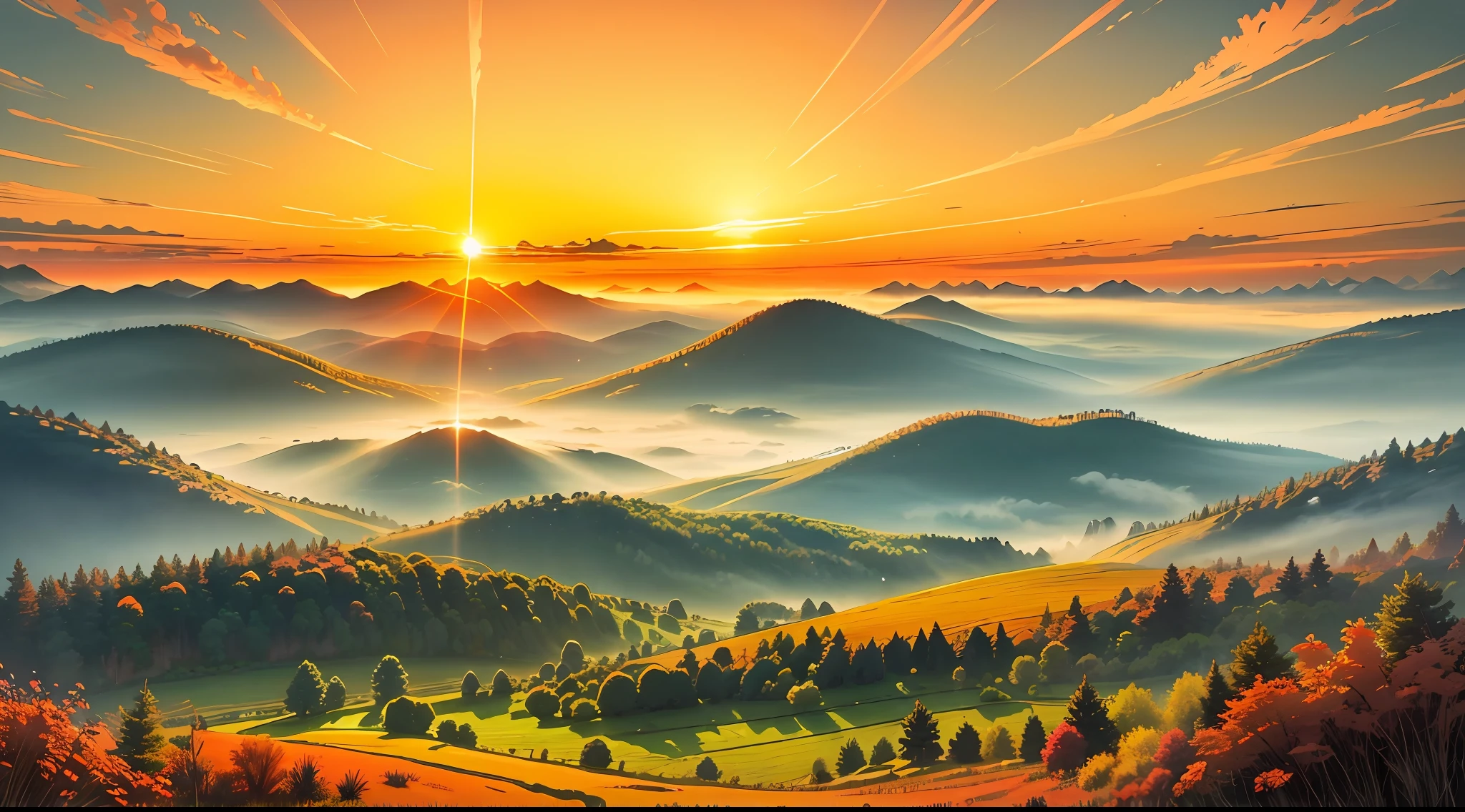 An image that depicts a radiant sunrise over a tranquil and serene landscape