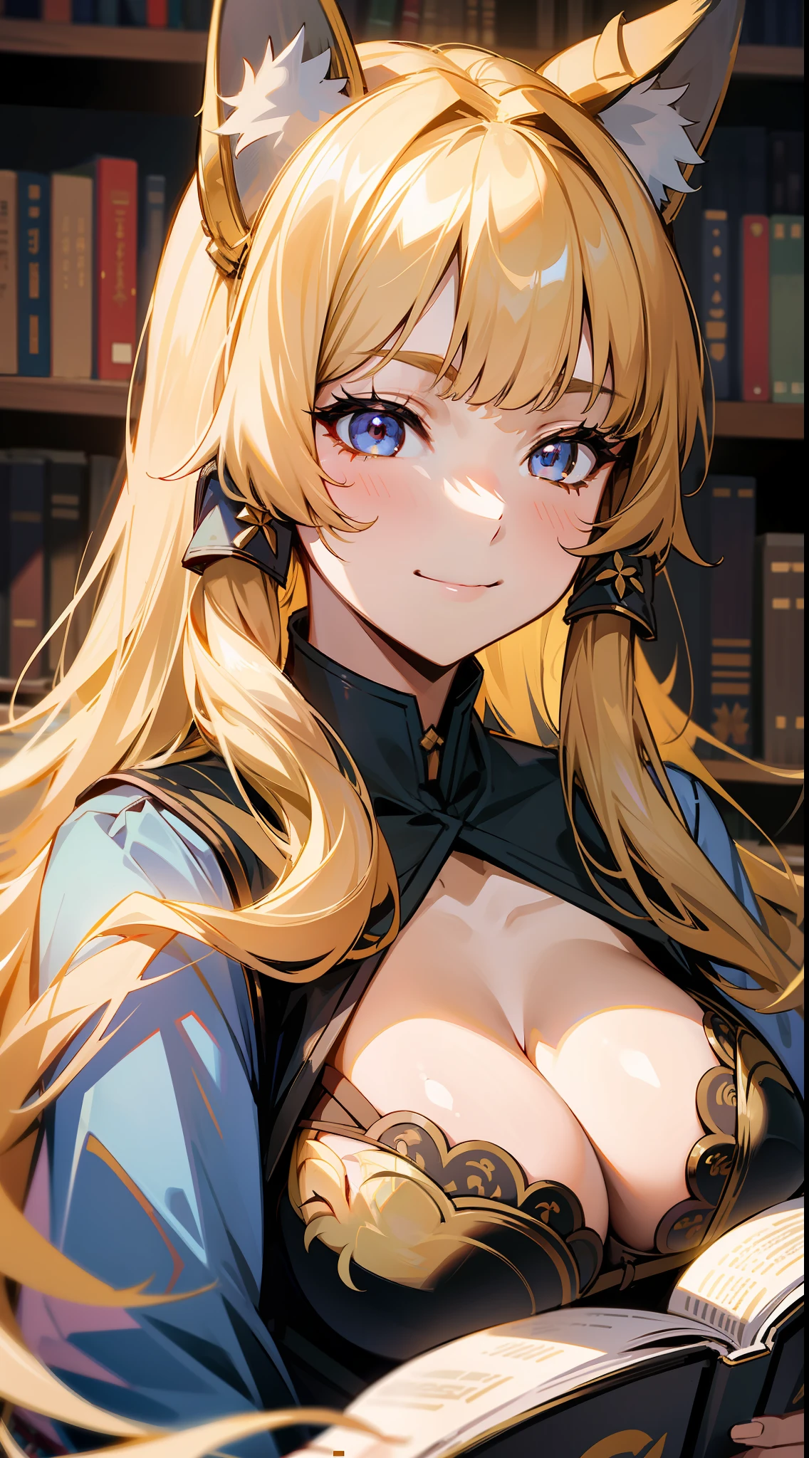 (medium portrait:0.7), (best illumination:1.1), (golden hair:1.1), 1girl, wolf ears, serious smile, intricate bra:0.6, moderate breast, (ayaka:1.2), in the middle of library, reading book, cleavage:0.8, (canine tooth:0.4)