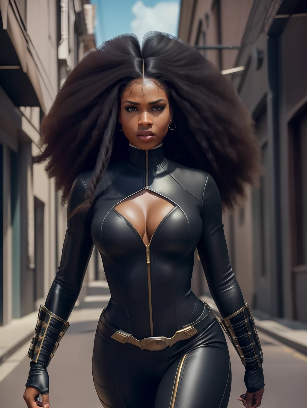 1Afro-American extremely beautiful woman, (catwoman, vintage catwoman suit, superhero), (insanely beautiful Afro-American woman, long straight windy hair, expressive eyes:1.5), solo, looking at viewer, detailed costume, vintage catwoman leather costume, covered, makeup, big city alley, dynamic action poses, top angle shot, masterpiece, (best quality:1.2), ultra-detailed, realistic, High definition, High quality, Cinematic Light, Ray tracing, ultra high res, UHD, 8K, (photorealistic:1.5), intricate details, detailed texture, finely detailed, High quality shadow, dynamic pose