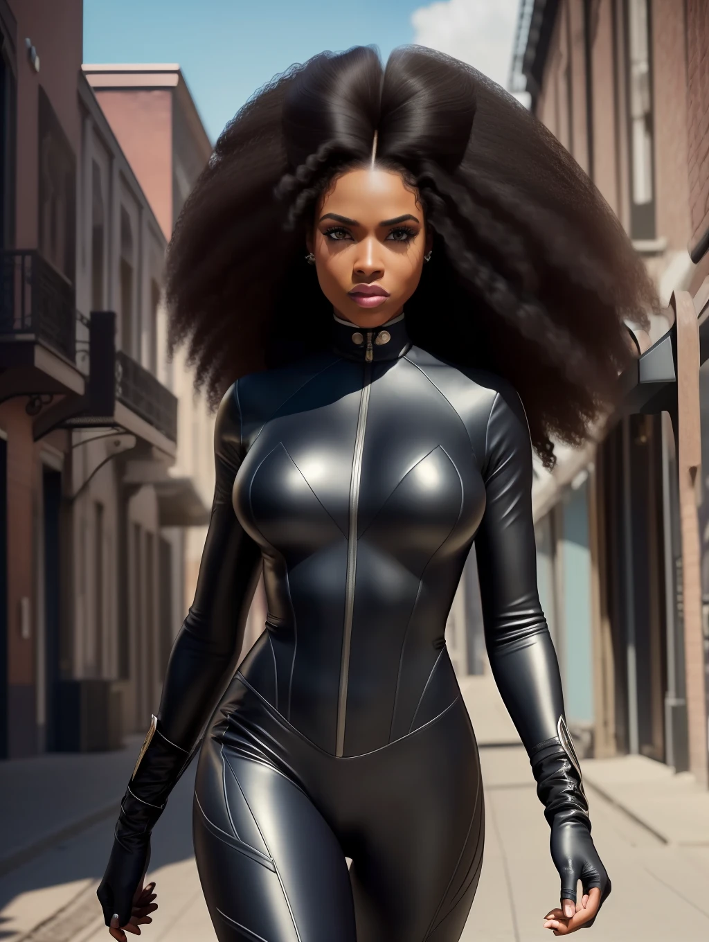 1Afro-American extremely beautiful woman, (catwoman, vintage catwoman suit, superhero), (insanely beautiful Afro-American woman, long straight windy hair, expressive eyes:1.5), solo, looking at viewer, detailed costume, vintage catwoman leather costume, covered, makeup, big city alley, dynamic action poses, top angle shot, masterpiece, (best quality:1.2), ultra-detailed, realistic, High definition, High quality, Cinematic Light, Ray tracing, ultra high res, UHD, 8K, (photorealistic:1.5), intricate details, detailed texture, finely detailed, High quality shadow, dynamic pose