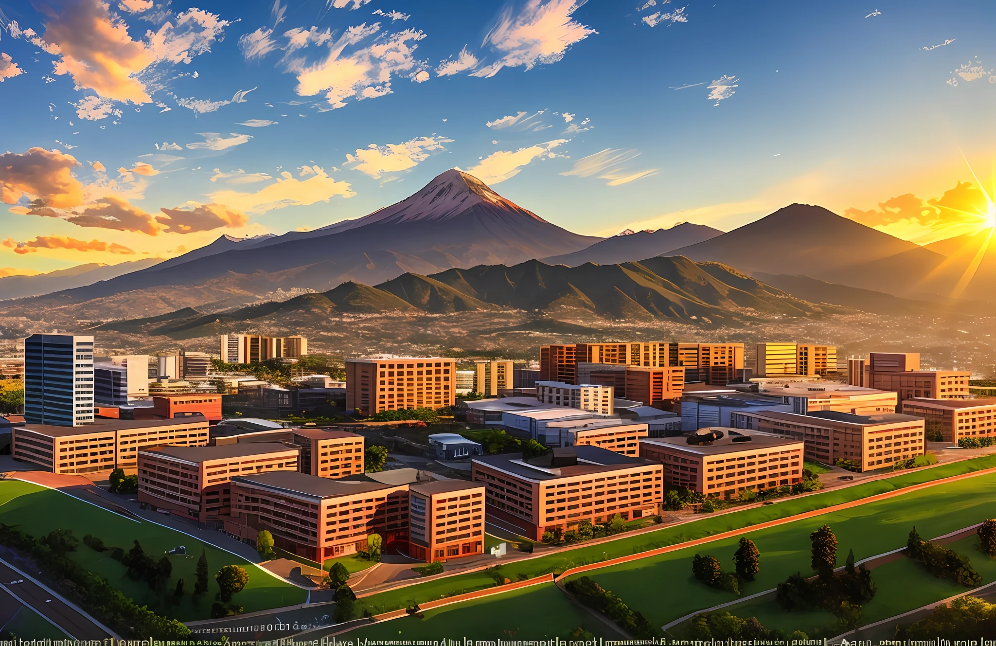 arafed view of a city with a mountain in the background, university, research complex, college, student, lab, hdr shot, mountain valley to factory, city, sun setting, hospital in background, medical research facility, universal, enhanced photo, academia, high school, view, city of armenia quindio, iu, pv, birdseye view