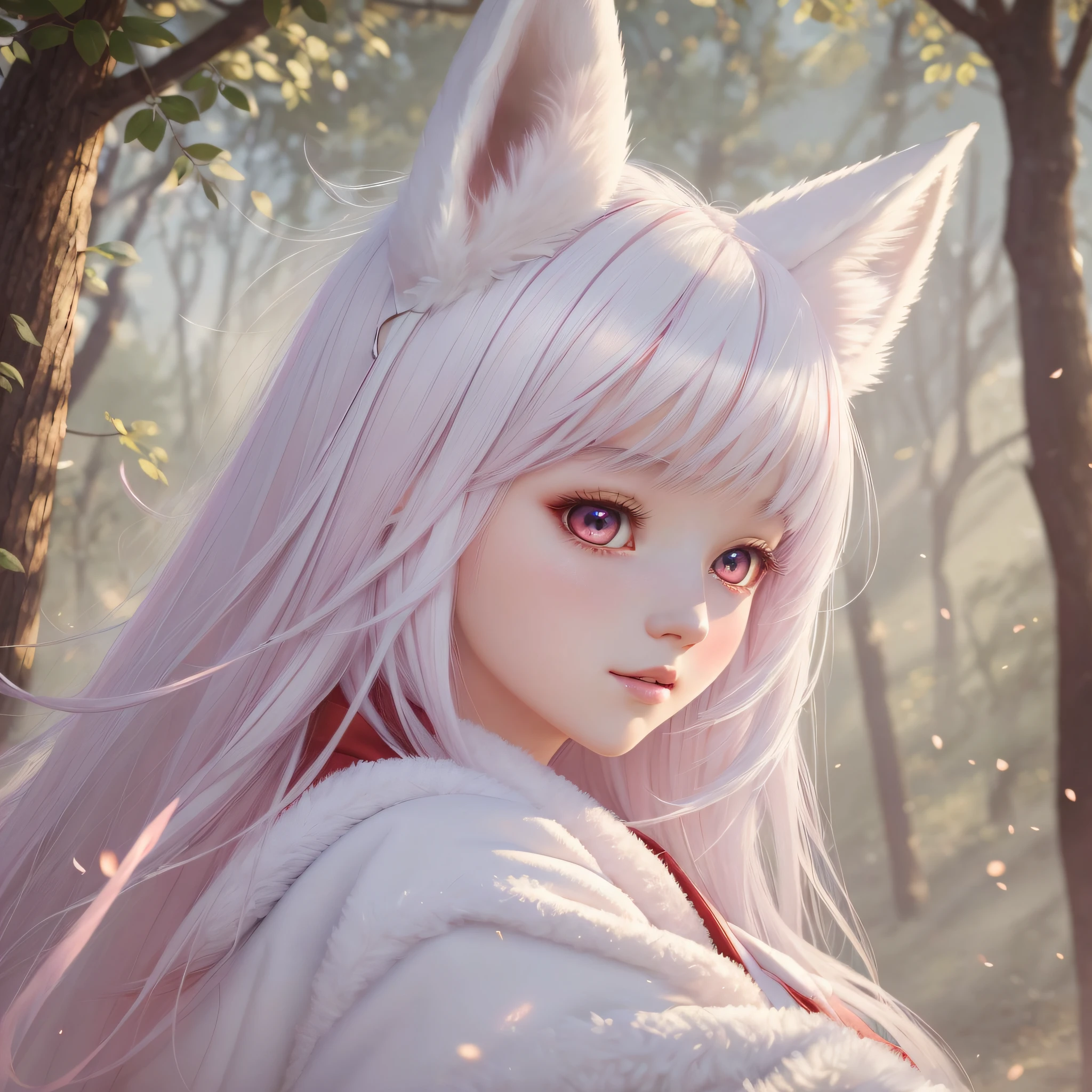 (8k, masterpiece), painting style imaginative, full of cute, girly fox, pink cheeks, white hair with red eyes, wearing white robes, fox ears soft and fluffy, bright light and shadow effect. --auto --s2