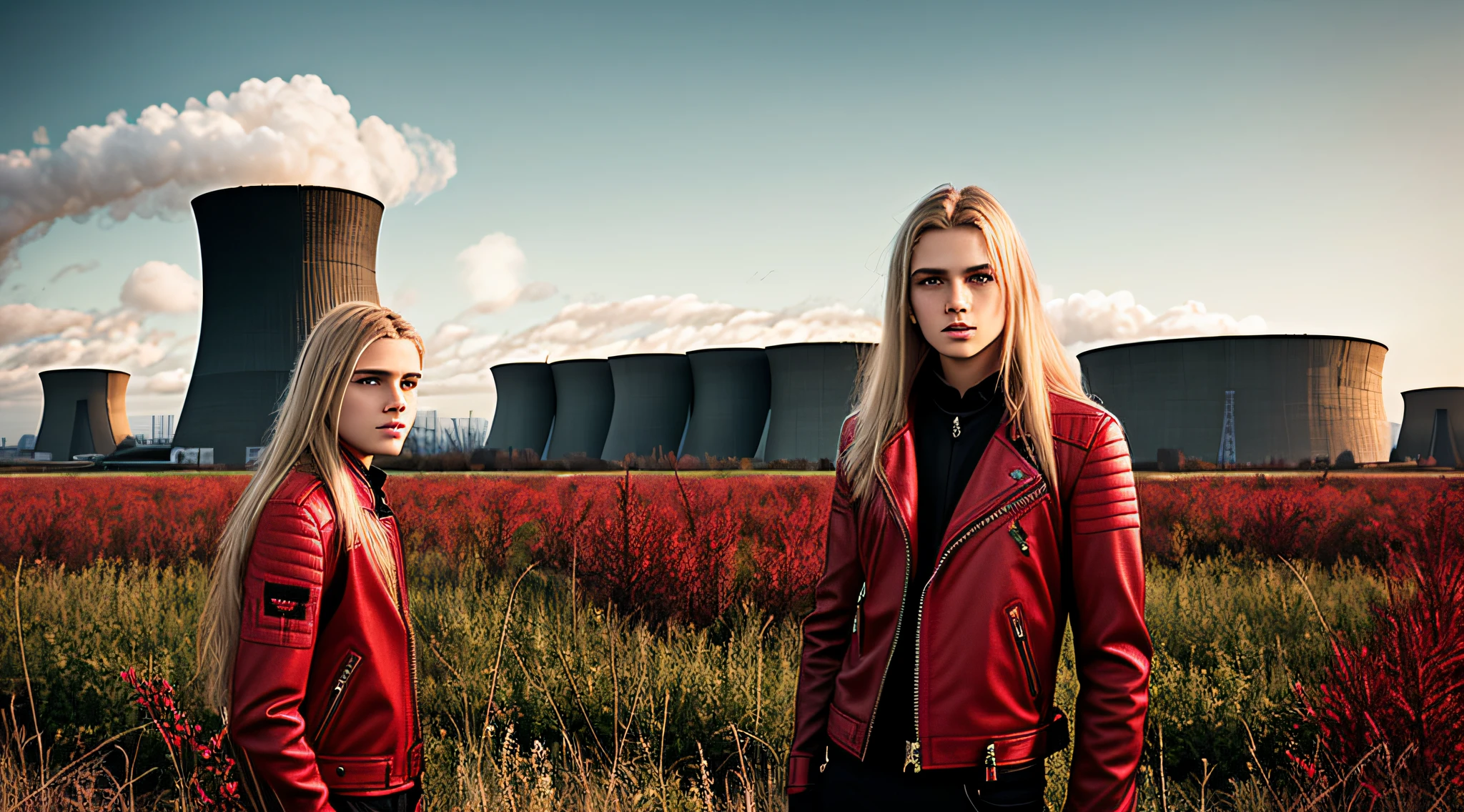 BOYS 14 YEARS OLD, PORTRAIT, WITH LONG BLOND HAIR, WITH RED LEATHER JACKETS AND BLACK CLOTHING, nuclear power plant with radioactive barrels in a field, nuclear wasteland, nuclear waste, post-nuclear fallout, future of nuclear energy, nuclear fallout, radioactive wasteland, nuclear energy, nuclear power, nuclear reactor, nuclear aftermath, post-nuclear, nuclear power plant, nuclear, radioactive particles, nuclear art, toxic waste, polluted, radioactive peak field, pollution