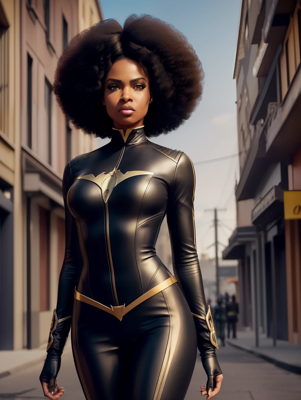 1Afro-American extremely beautiful woman, (catwoman, vintage catwoman suit, superhero), (insanely beautiful Afro-American woman, long straight windy hair, expressive eyes:1.5), solo, looking at viewer, detailed costume, vintage catwoman leather costume, covered, makeup, big city alley, dynamic action poses, top angle shot, masterpiece, (best quality:1.2), ultra-detailed, realistic, High definition, High quality, Cinematic Light, Ray tracing, ultra high res, UHD, 8K, (photorealistic:1.5), intricate details, detailed texture, finely detailed, High quality shadow, dynamic pose