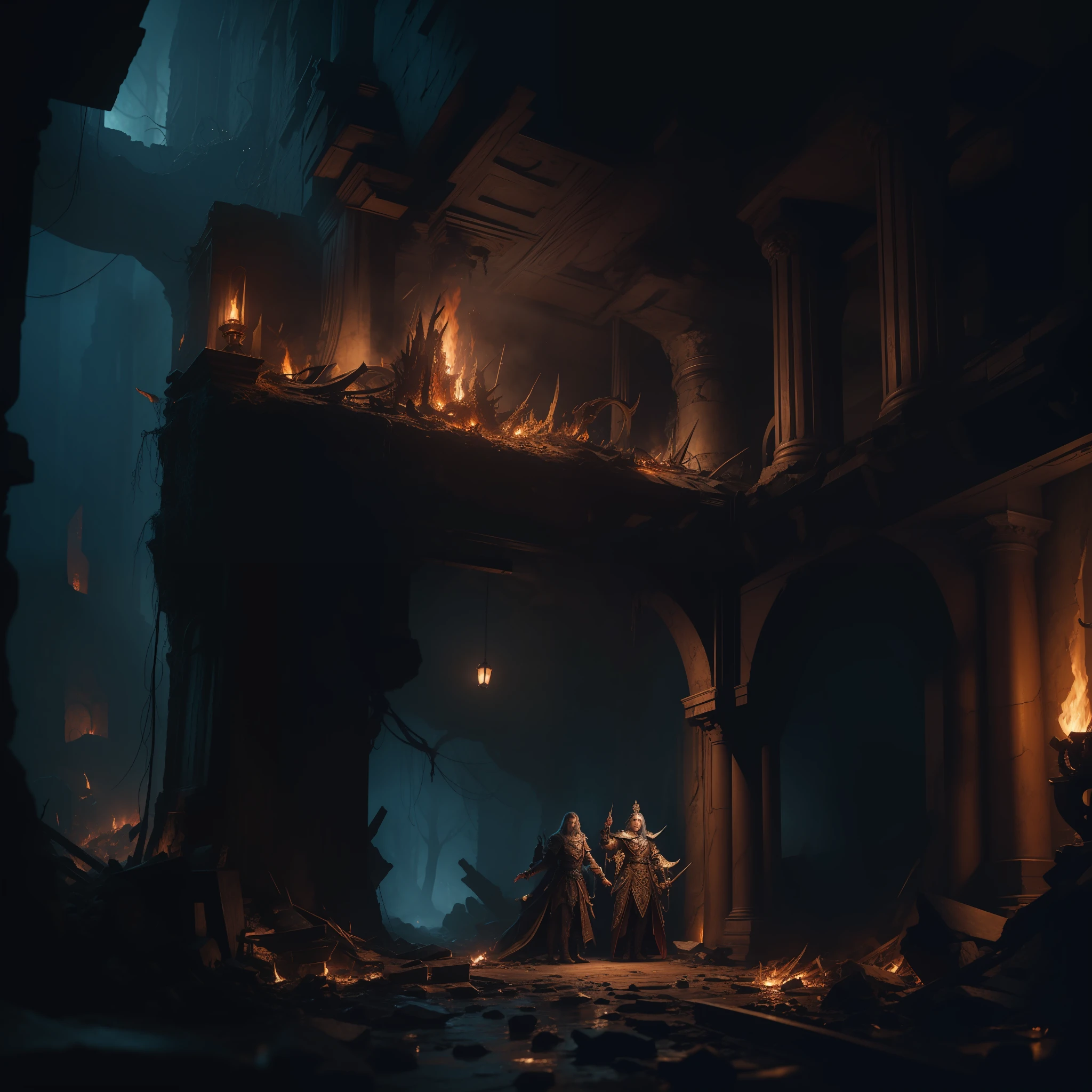(Fantasy:1.2), (Masterpiece, Epic Quality, Epic Realism, Ultra Resolution, 8K Photo Unity, Epic Detail:1.1), (Dungeon Dwarves, Moria), Blood, Madness, Surrealism, Monsters, (Intricate Details, Dynamic Angle, The Most Beautiful Form of Chaos, Night, Fire, Sparks, Ashes, Rim Lighting, Soft Lighting, (Professional Photography, Photorealism, Hyperrealism), Ray Tracing, HDR