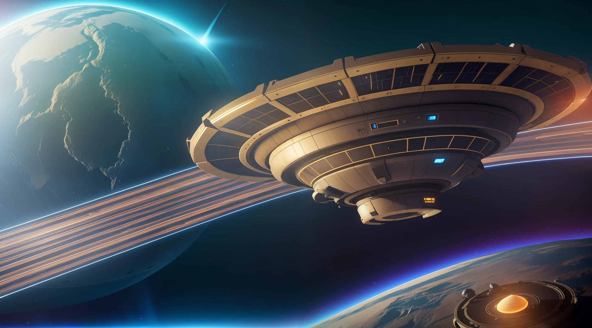 Unreal Engine rendered, hyper-real, realistic, metallic, in the endless darkness of space, there is only a strange planet in the distance, a huge ring-like spaceship, fully equipped, docked above the planet, close to the perspective of the spacecraft, dim, cool spaceship, the spaceship has a lot of details --auto --s2